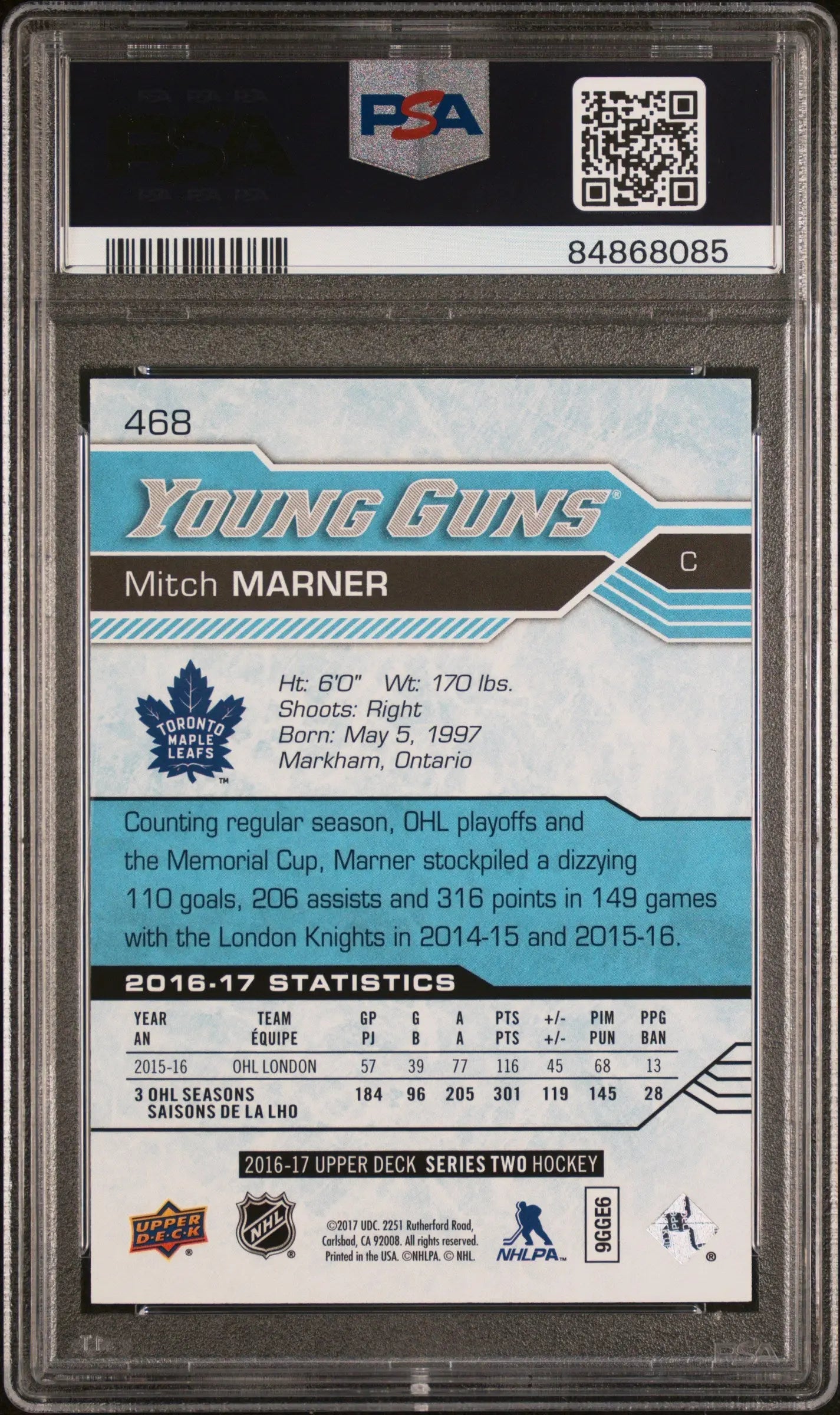 Mitch Marner Young Guns RC PSA 10 Rookie 2016-16 16-17 UD Upper Deck kNIGHTS 