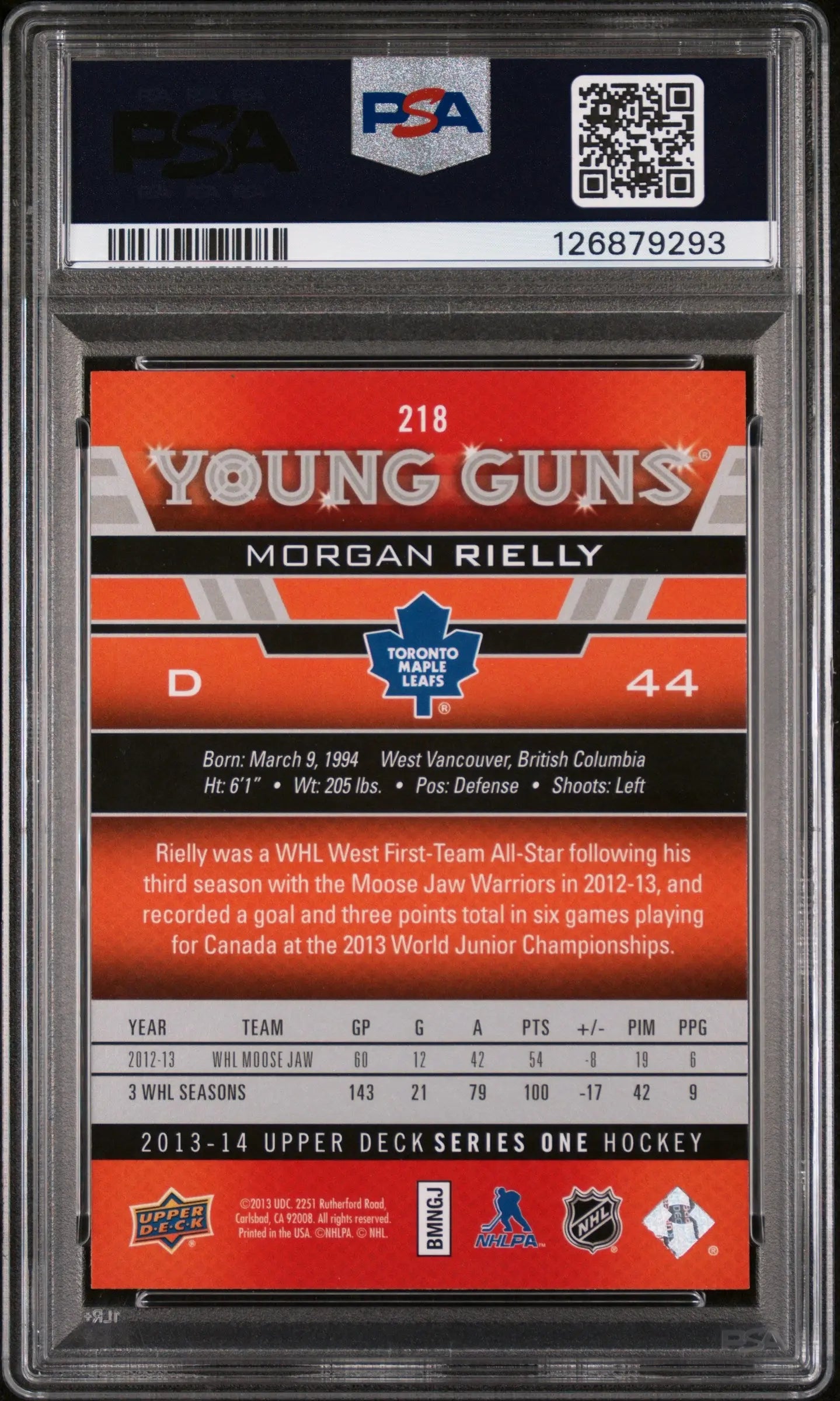 Morgan Rielly Young Guns PSA 10 RC Rookie 2013-14 13-14 UD Upper Deck 