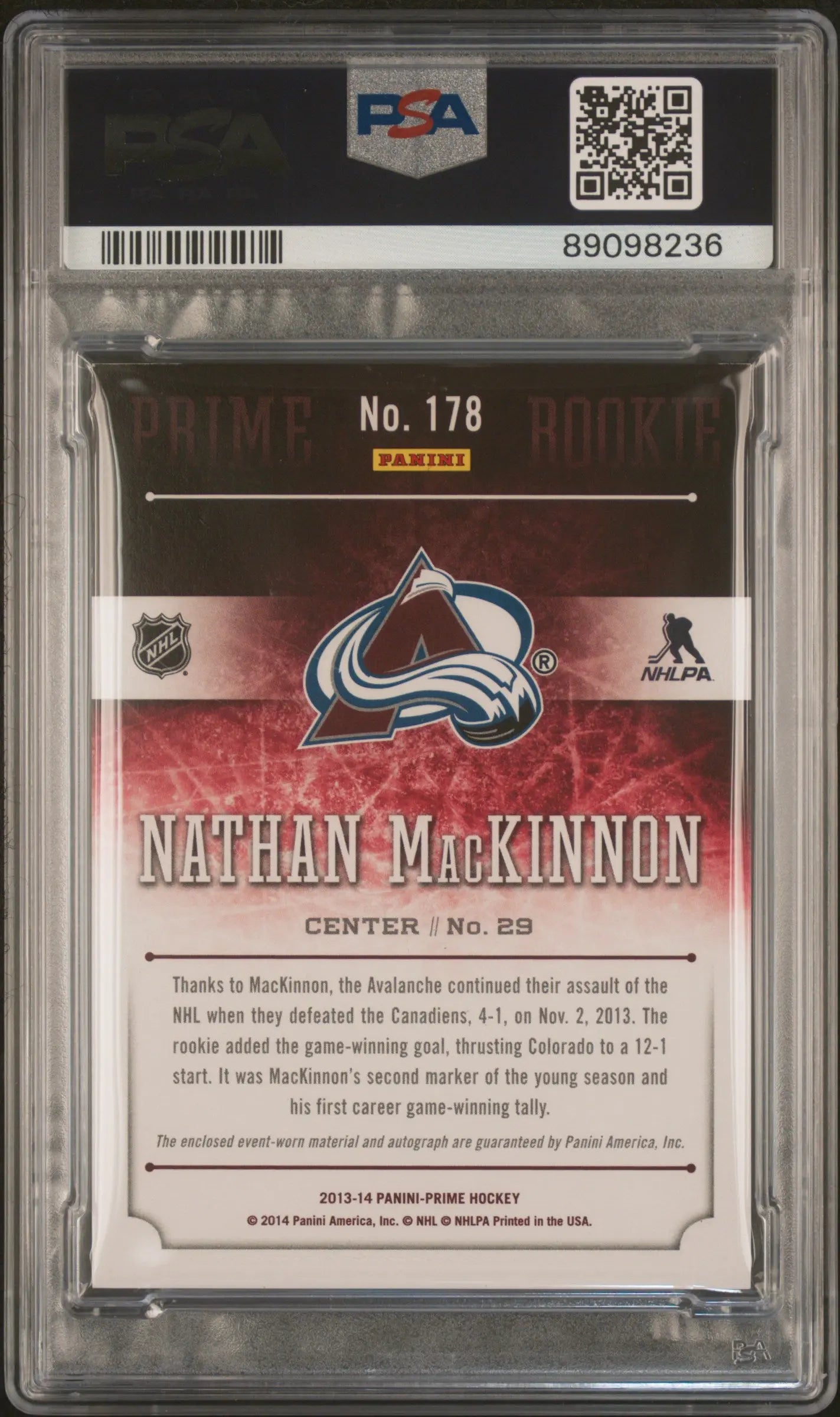 Nathan MacKinnon RC /199 Quad Jersey PSA Auto 10 Rookie Autograph Panini Prime 
