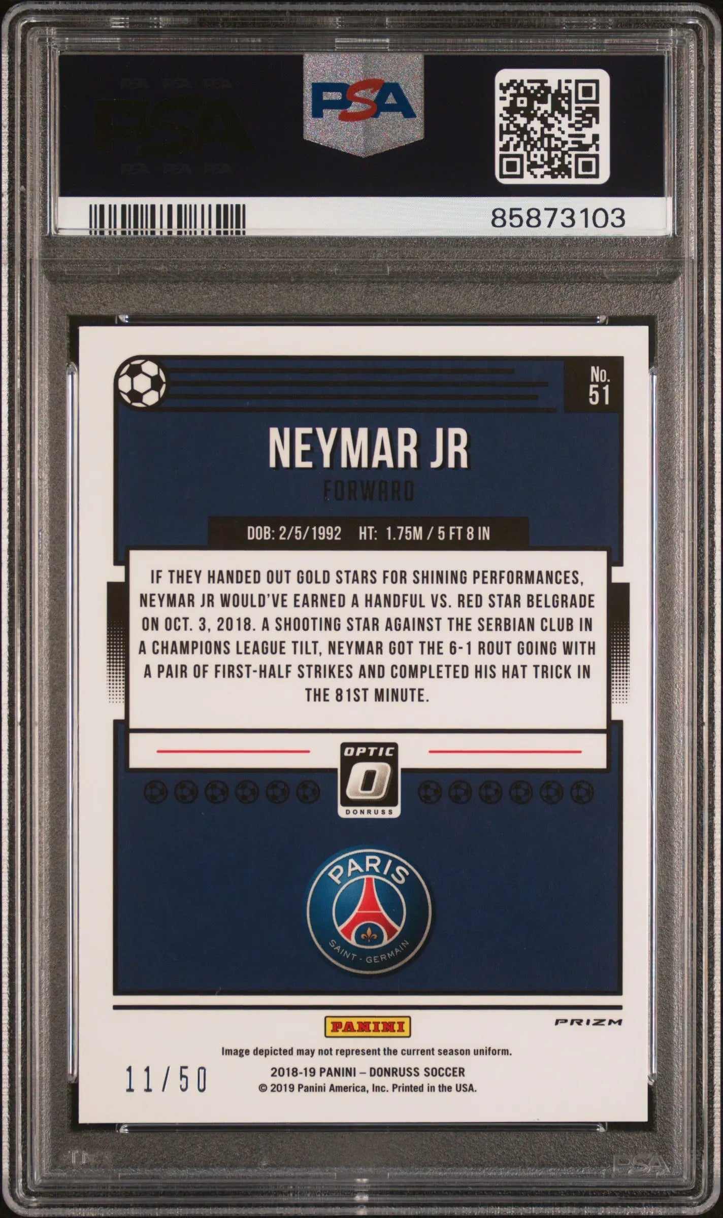 Neymar JR #51 /50 Optic Red Velocity PSA 10 2018-19 Panini Donruss 