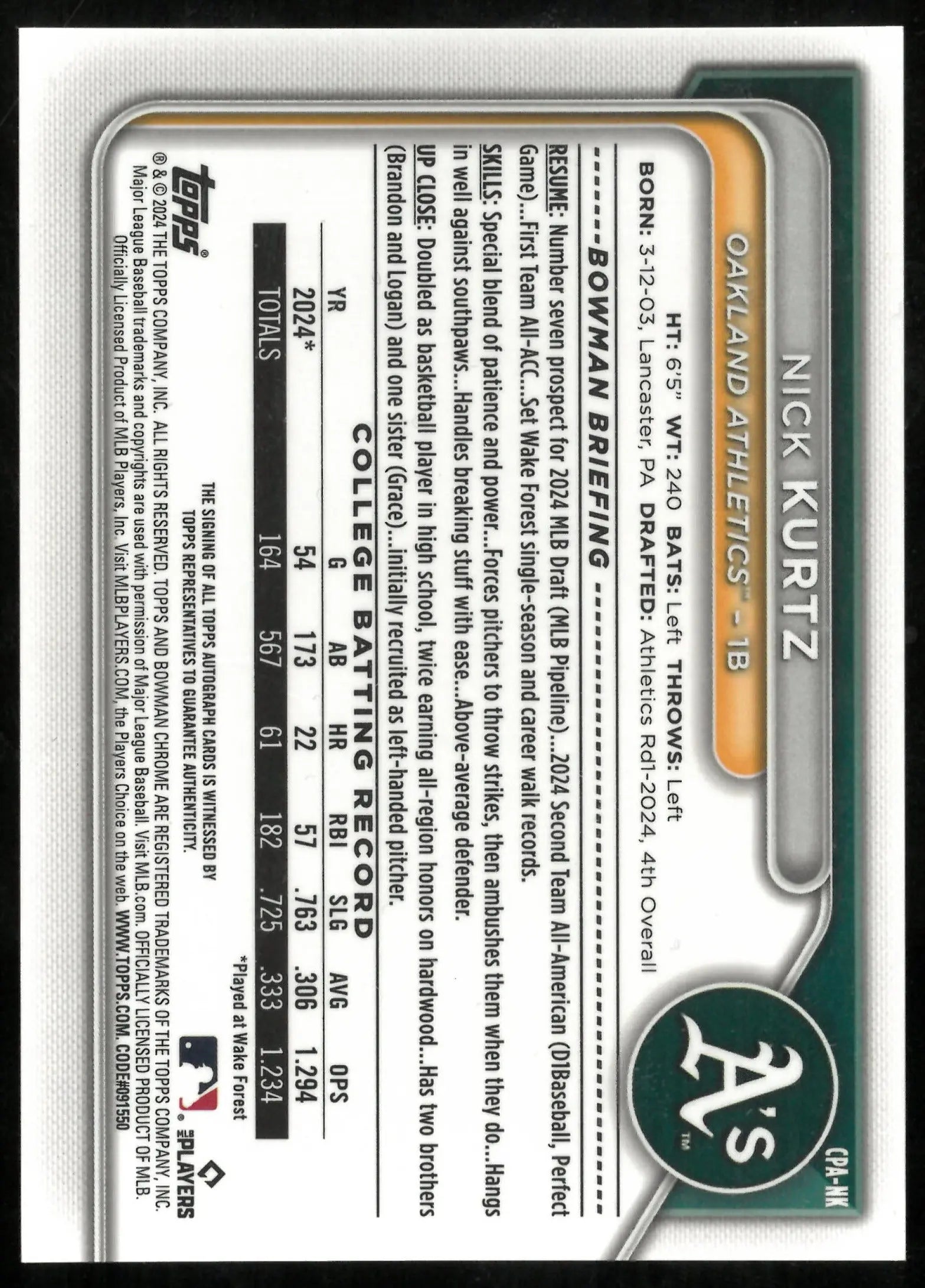 Nick Kurtz Chrome 1st Auto Bowman Topps 2024 Athletics RC Rookie 
