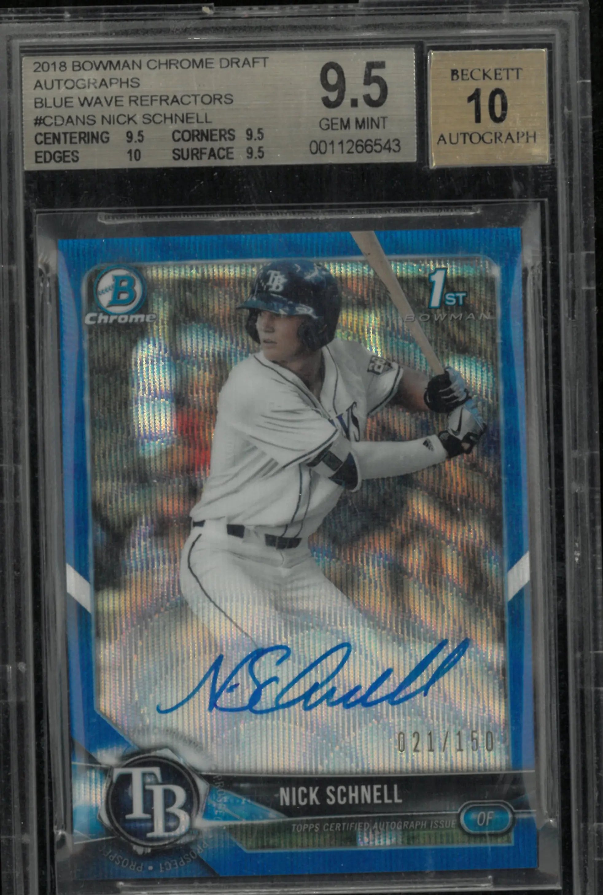Nick Schnell /150 1st Auto RC BGS 9.5 2018 Bowman Chrome Draft Blue Wave 