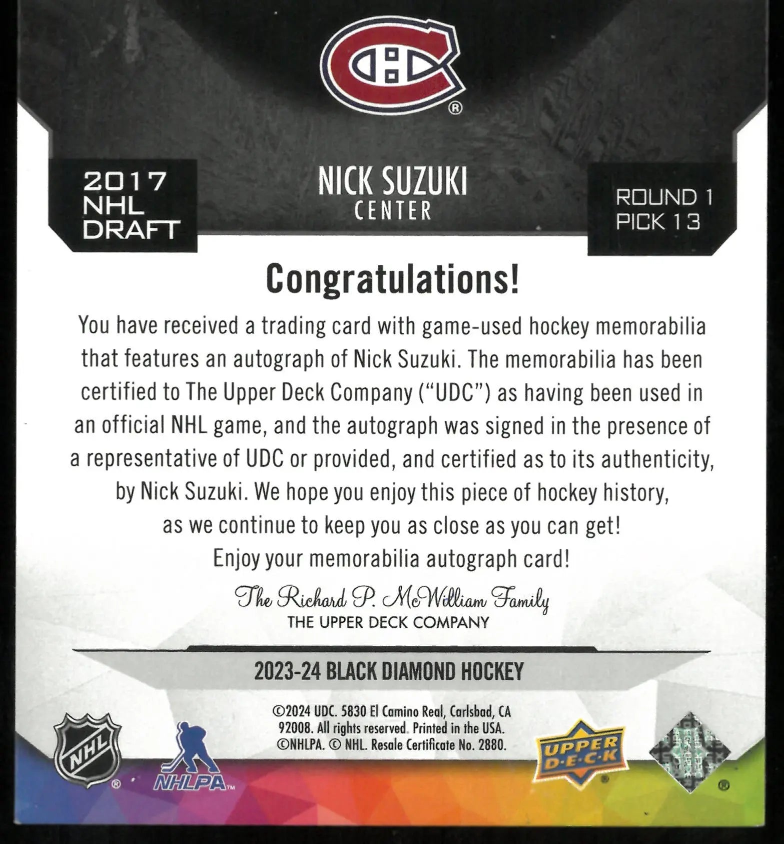 Nick Suzuki /25 2023-24 Black Diamond Patch Auto Draft Jewels 