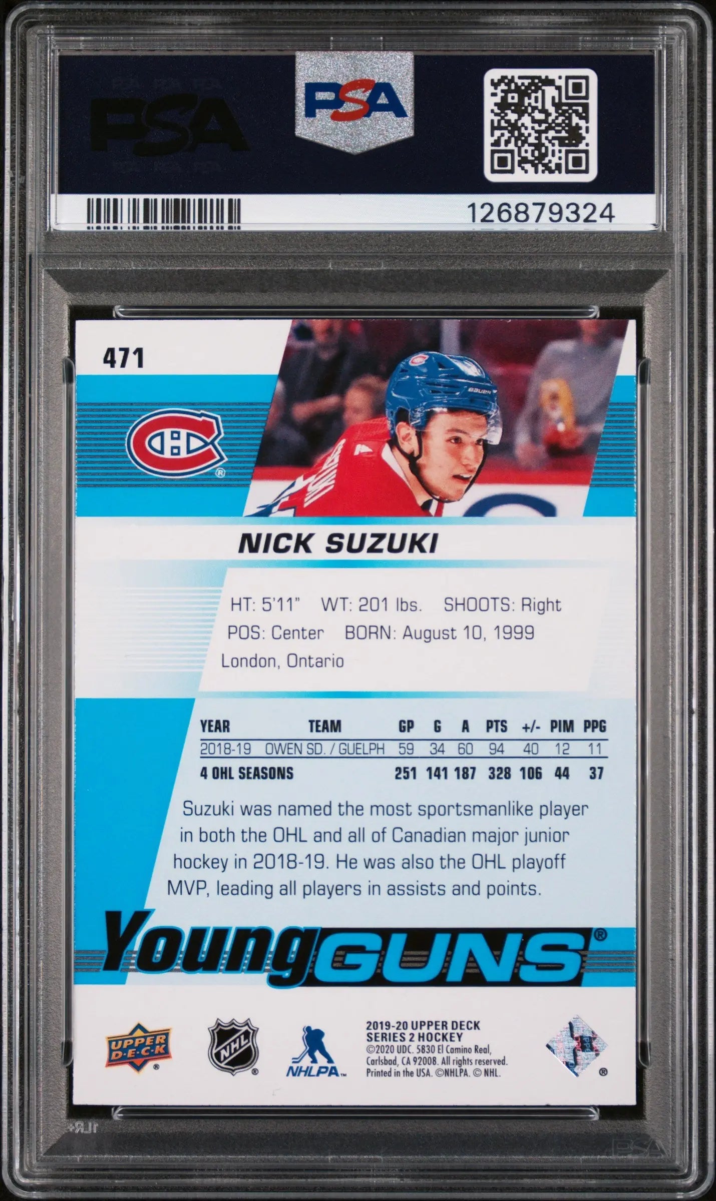 Nick Suzuki PSA 10 Young Guns LOW POP RC Rookie 2019-20 19-20 UD Series 2 