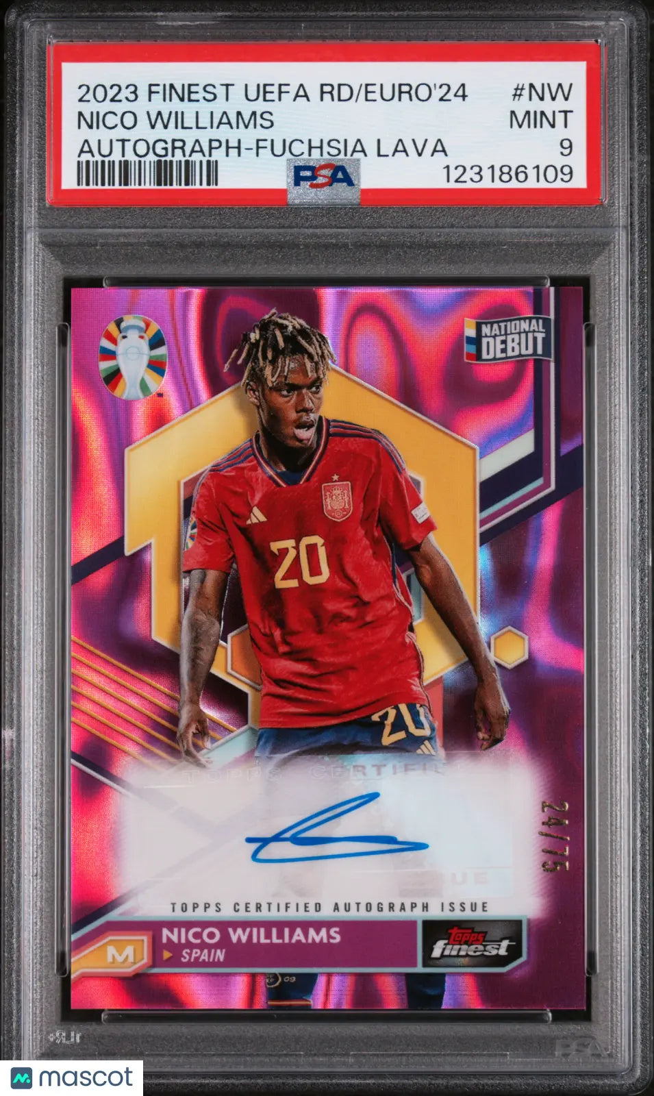 Nico Williams /75 Auto RC Rookie Fuchsia Lava 2023-24 Finest UEFA PSA 9 Road To 