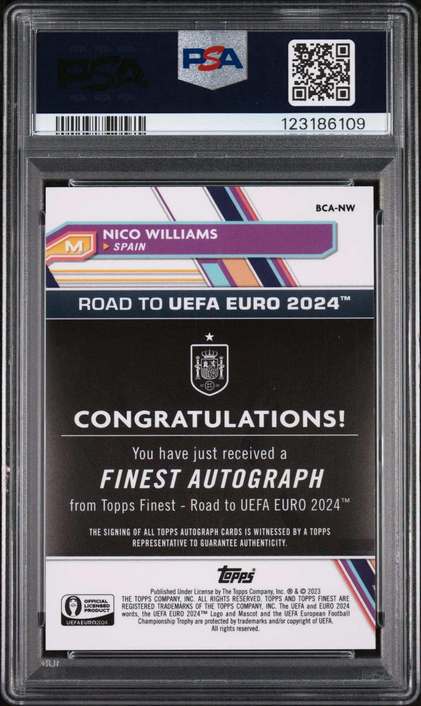 Nico Williams /75 Auto RC Rookie Fuchsia Lava 2023-24 Finest UEFA PSA 9 Road To 