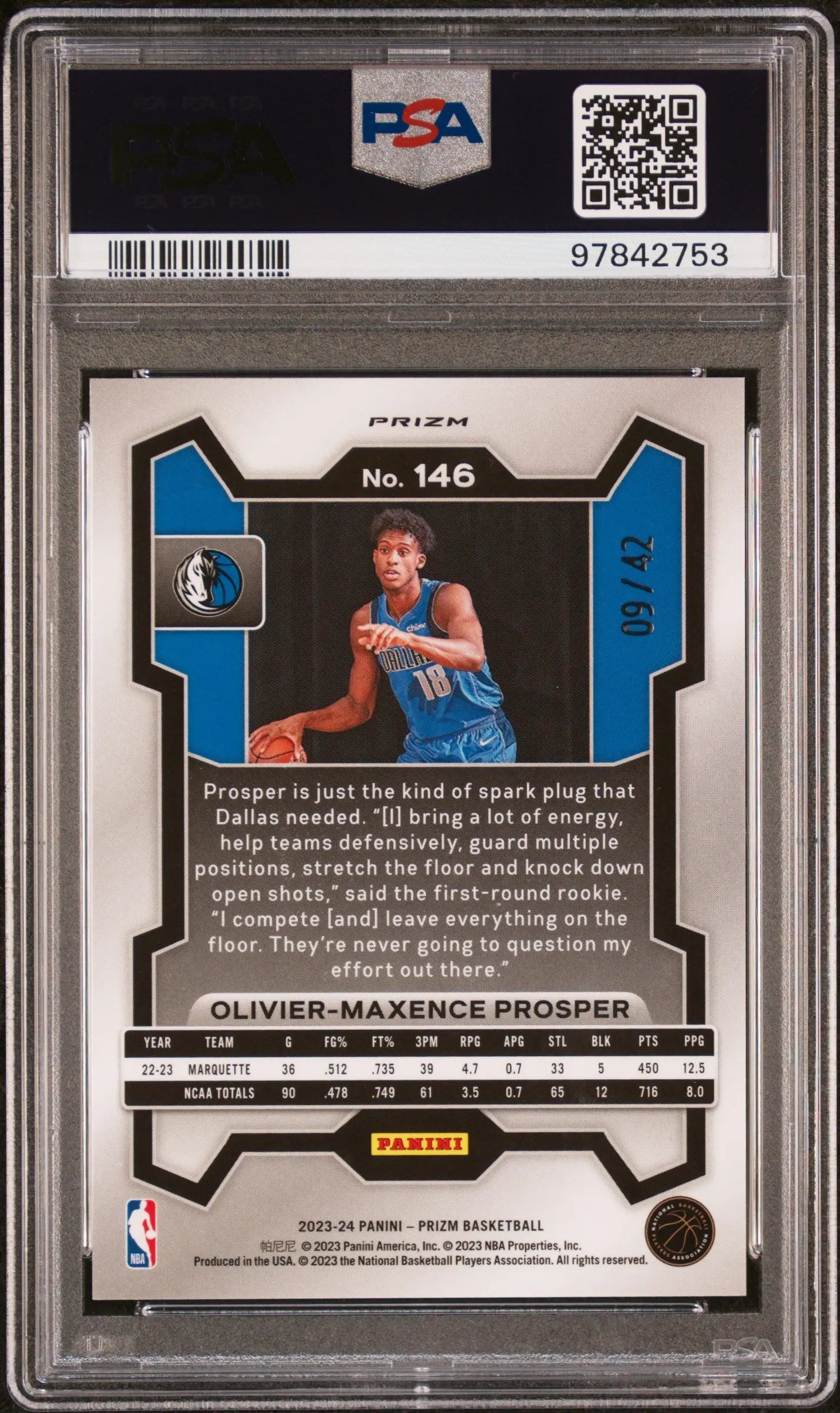 Olivier-Maxence Prospect /42 RC Rookie PSA 9 Pink Pulsar Prizm 2023-24