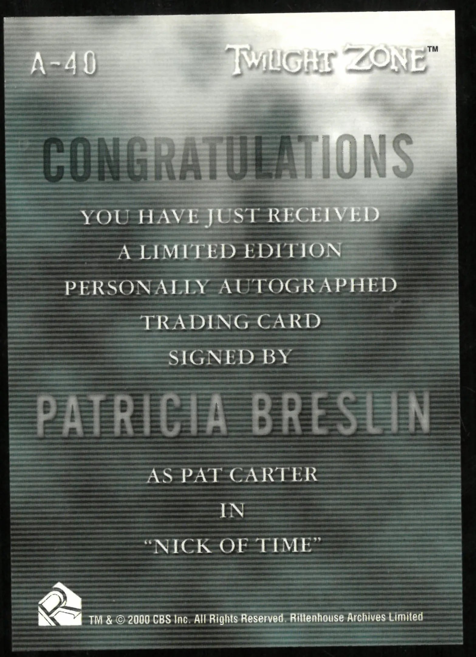 Patricia Breslin As Pat Carter Twilight Zone Auto Autograph #A-40 