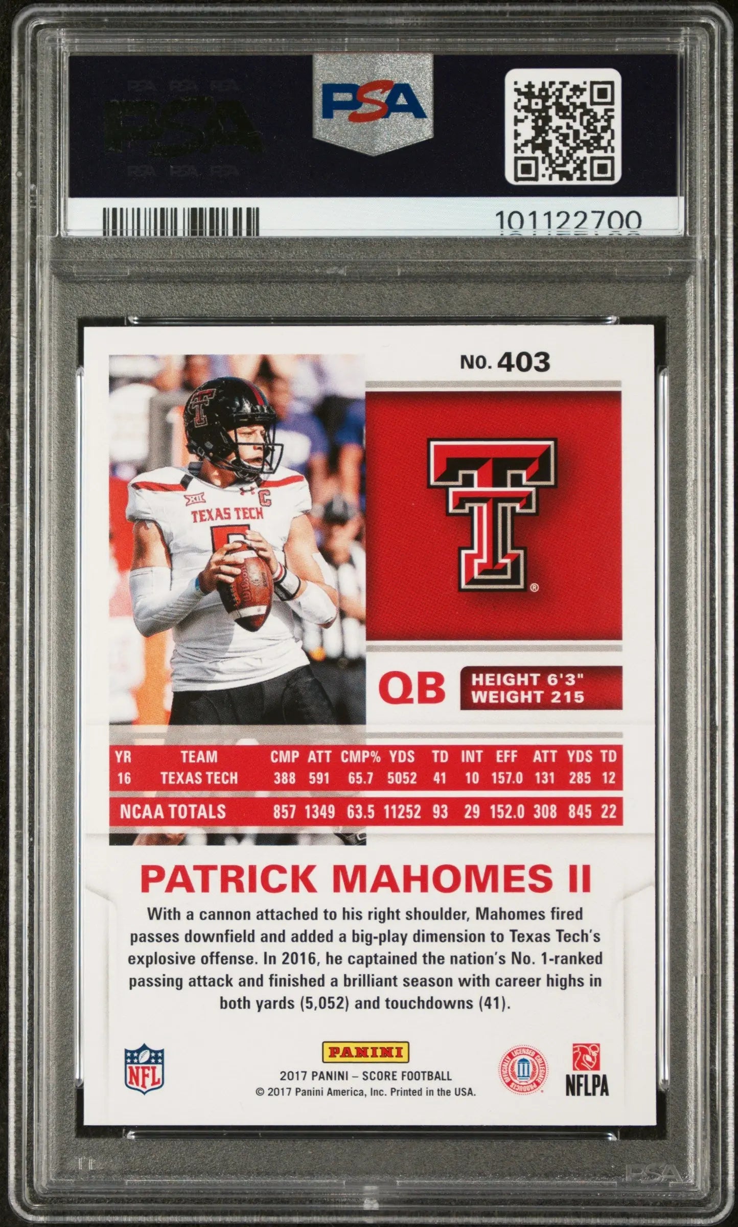 Patrick Mahomes II RC Rookie PSA 10 2017 Panini Score Texas Tech Draft 