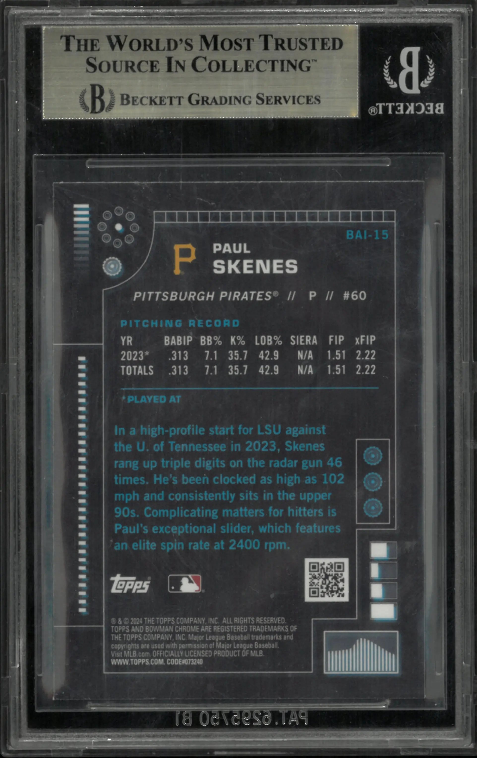 Paul Skenes BGS 9.5 RC Rookie 2024 Bowman Chrome AI Prospects Pirates 