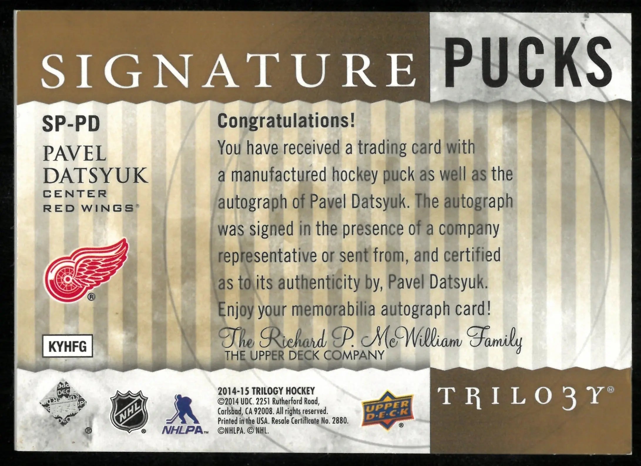 Pavel Datsyuk Trilogy Auto Signature Pucks 2014-15 UD 