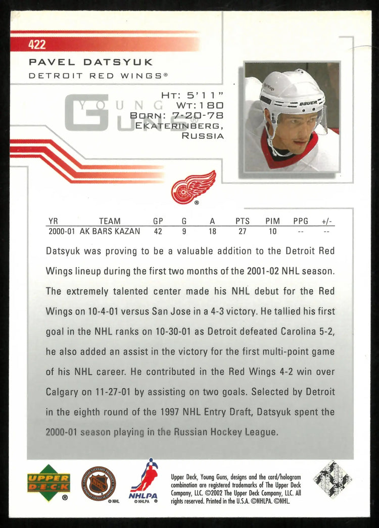 Pavel Datsyuk Young Guns 422 White Jersey SP SSP RC Rookie 2001-02 