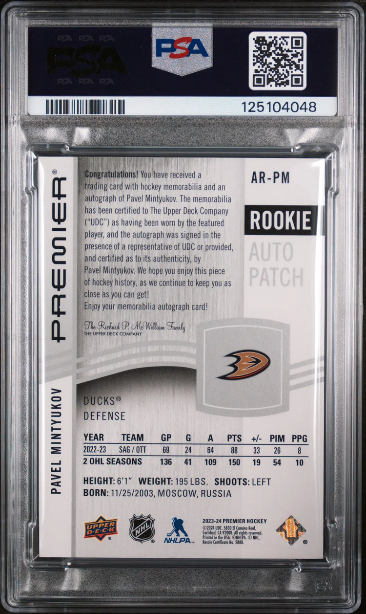 Pavel Mintyukov Premier patch Auto RC Rookie /249 2023-24 23-24 Upper Deck PSA 8 