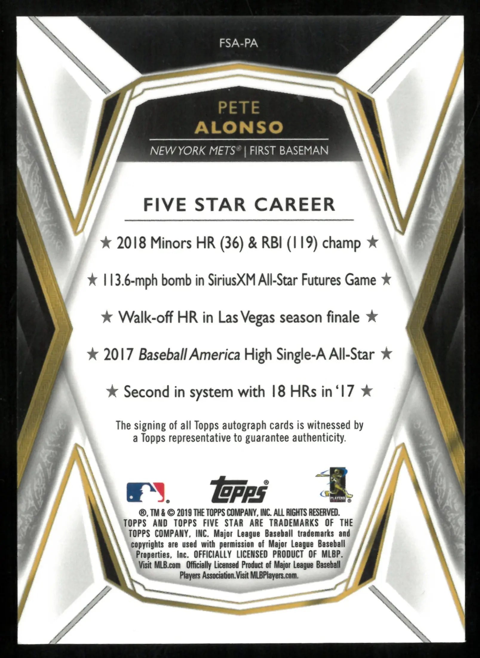 Pete Alonso /25 Five Star Auto RC Rookie 2019 Topps 