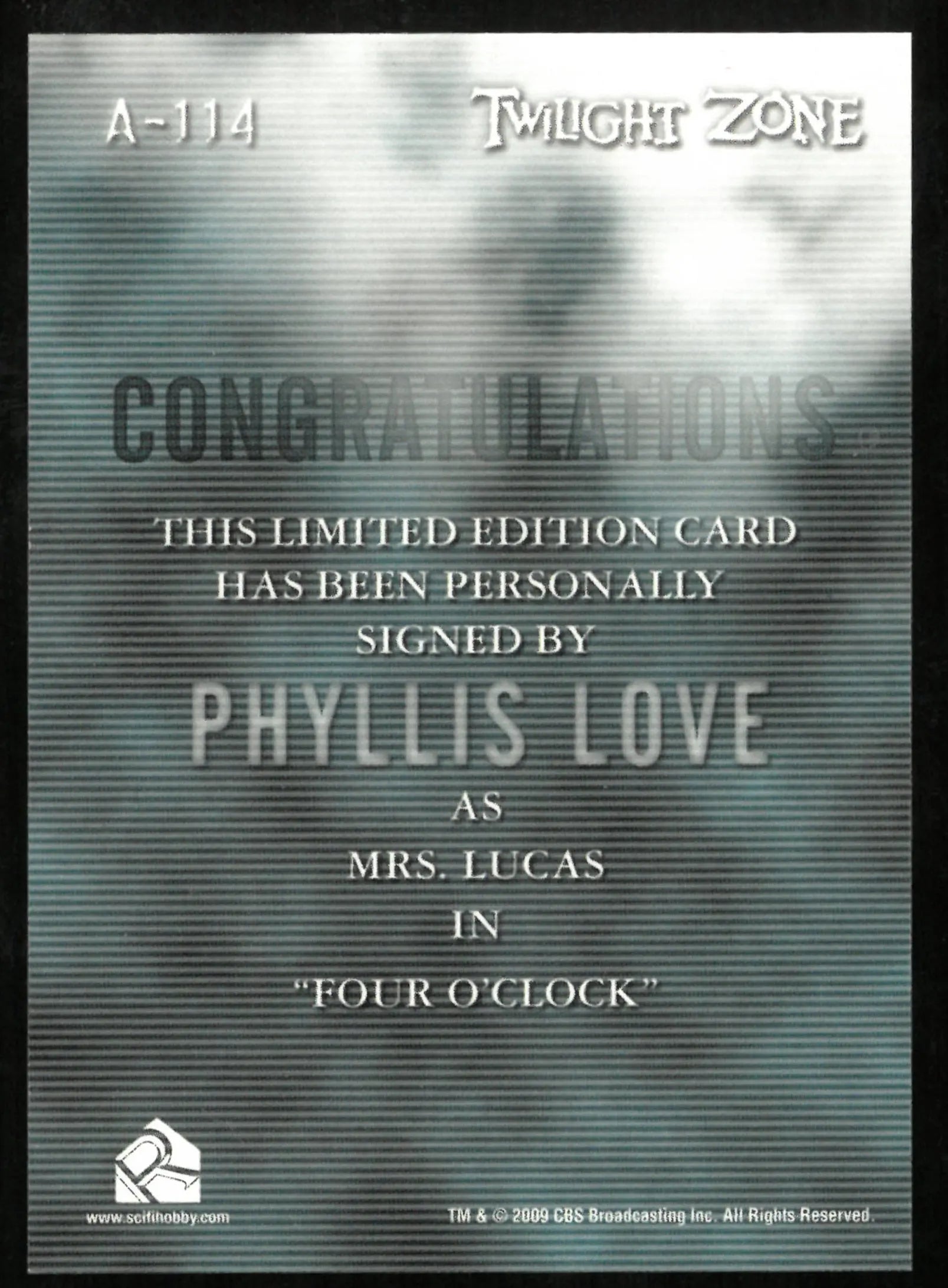 Phyllis Love as Mrs. Lucas Twilight Zone Auto Autograph #A-114 
