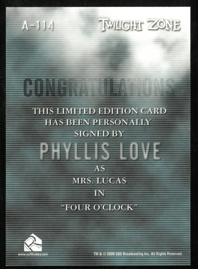 Phyllis Love as Mrs. Lucas Twilight Zone Auto Autograph #A-114 