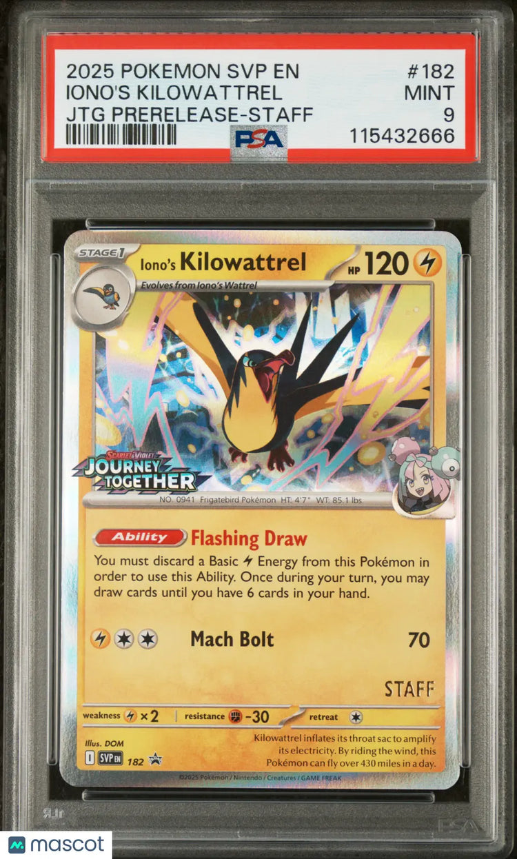 Pokemon SV Black Star Promo Iono's Kilowattrel #182 JTG Prerelease-Staff PSA 9 