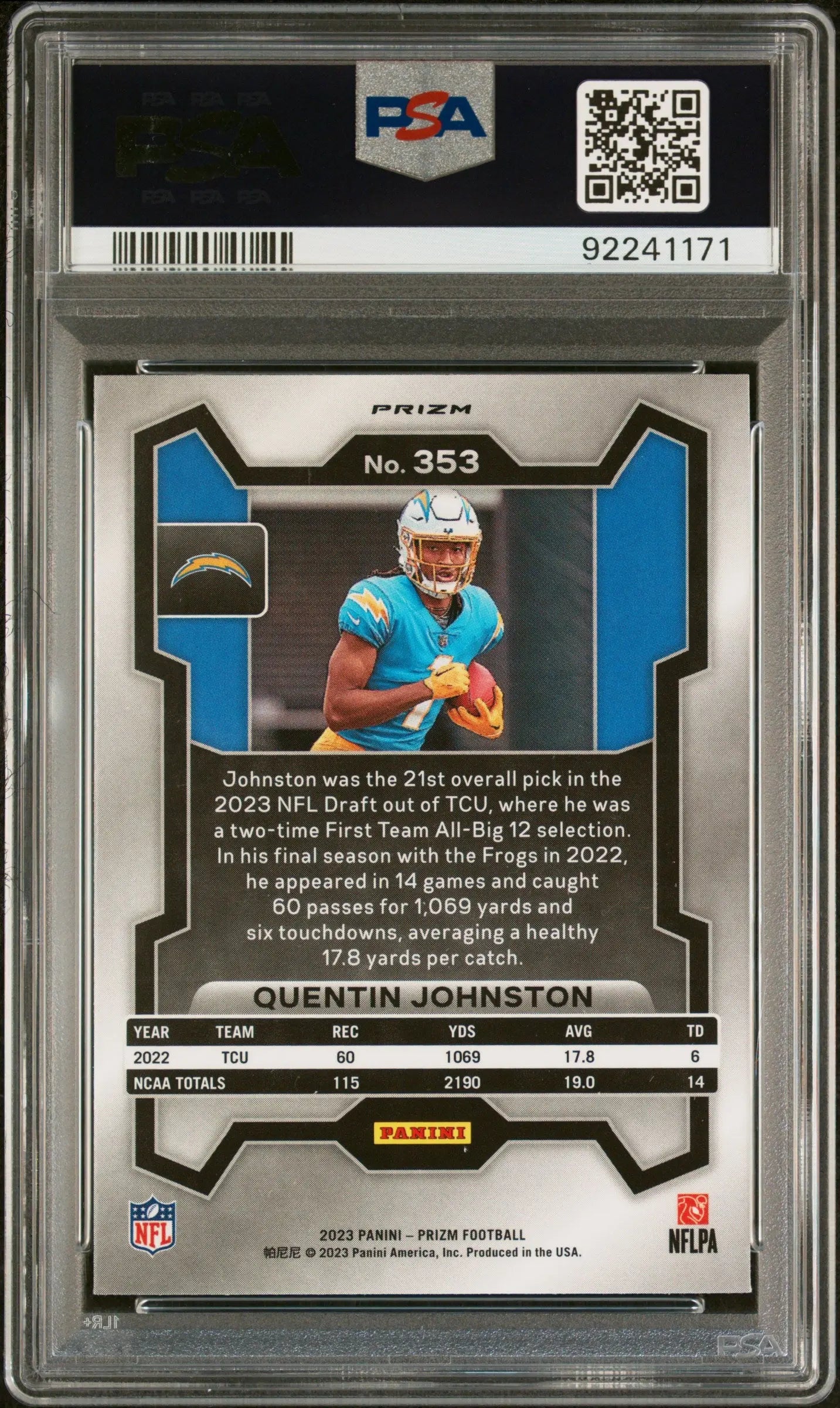 Quentin Johnston #353 Lazer PSA 10 RC Rookie 2023 Panini Prizm Chargers 