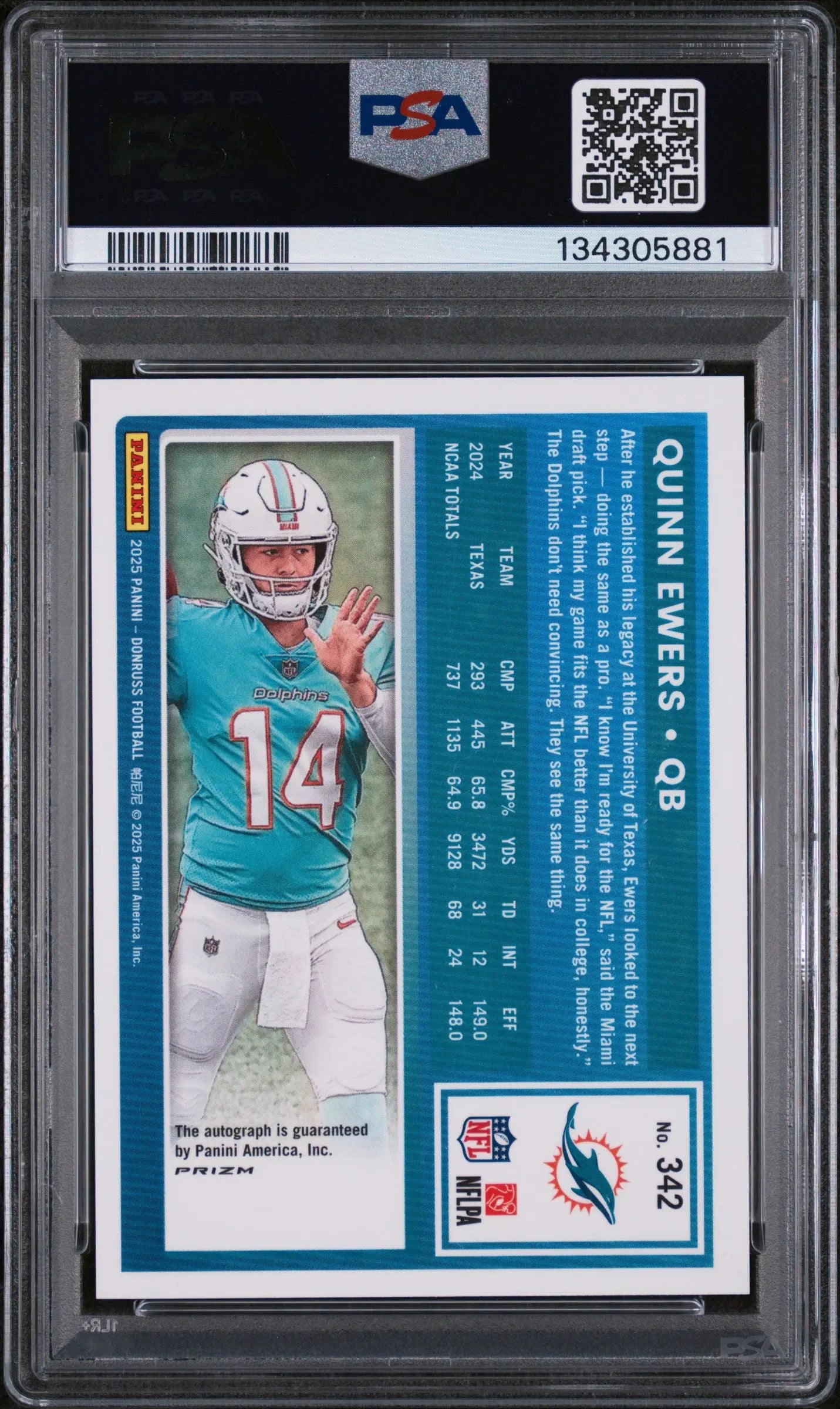 Quinn Ewers Rated Rookie Optic Preview Autograph PSA 9 2025 Donruss  Rookie 