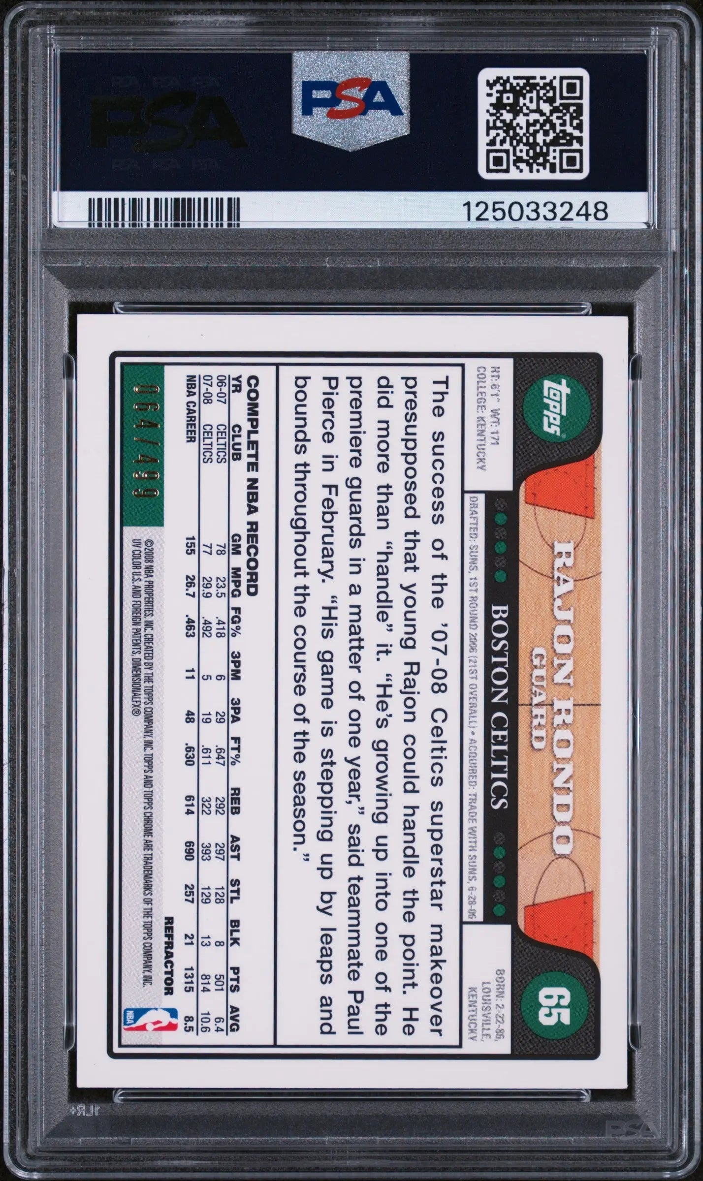 Rajon Rondo 2008 Topps Chrome PSA 9 Orange Refractor Celtics