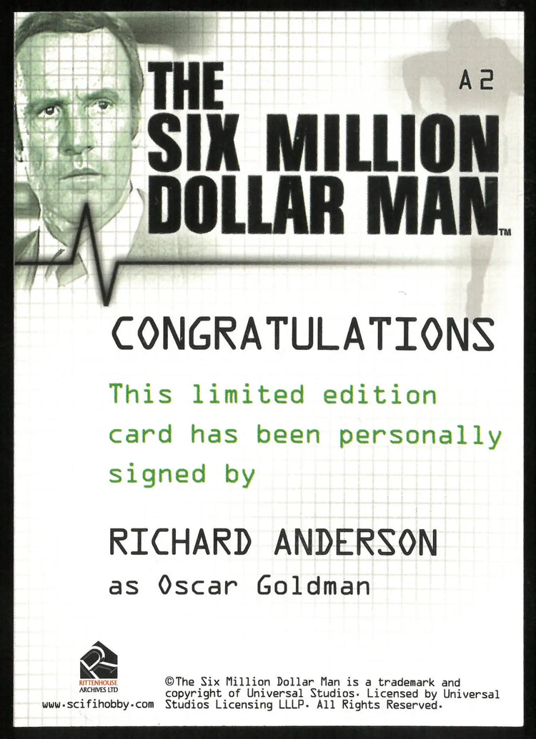 Richard Anderson as Oscar Goldman Auto Autograph The Six Million Dollar Man 