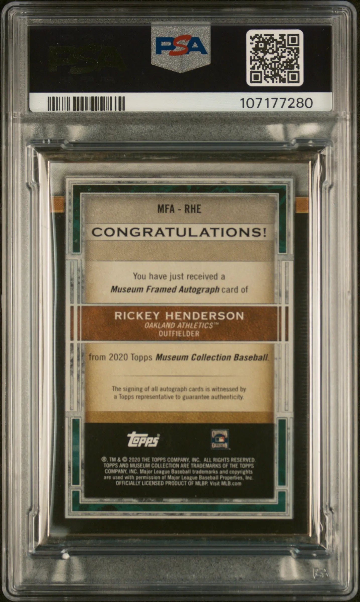 Rickey Henderson PSA AUTHENTIC Auto 2021 Topps Museum Gold Frame Autograph A'S 