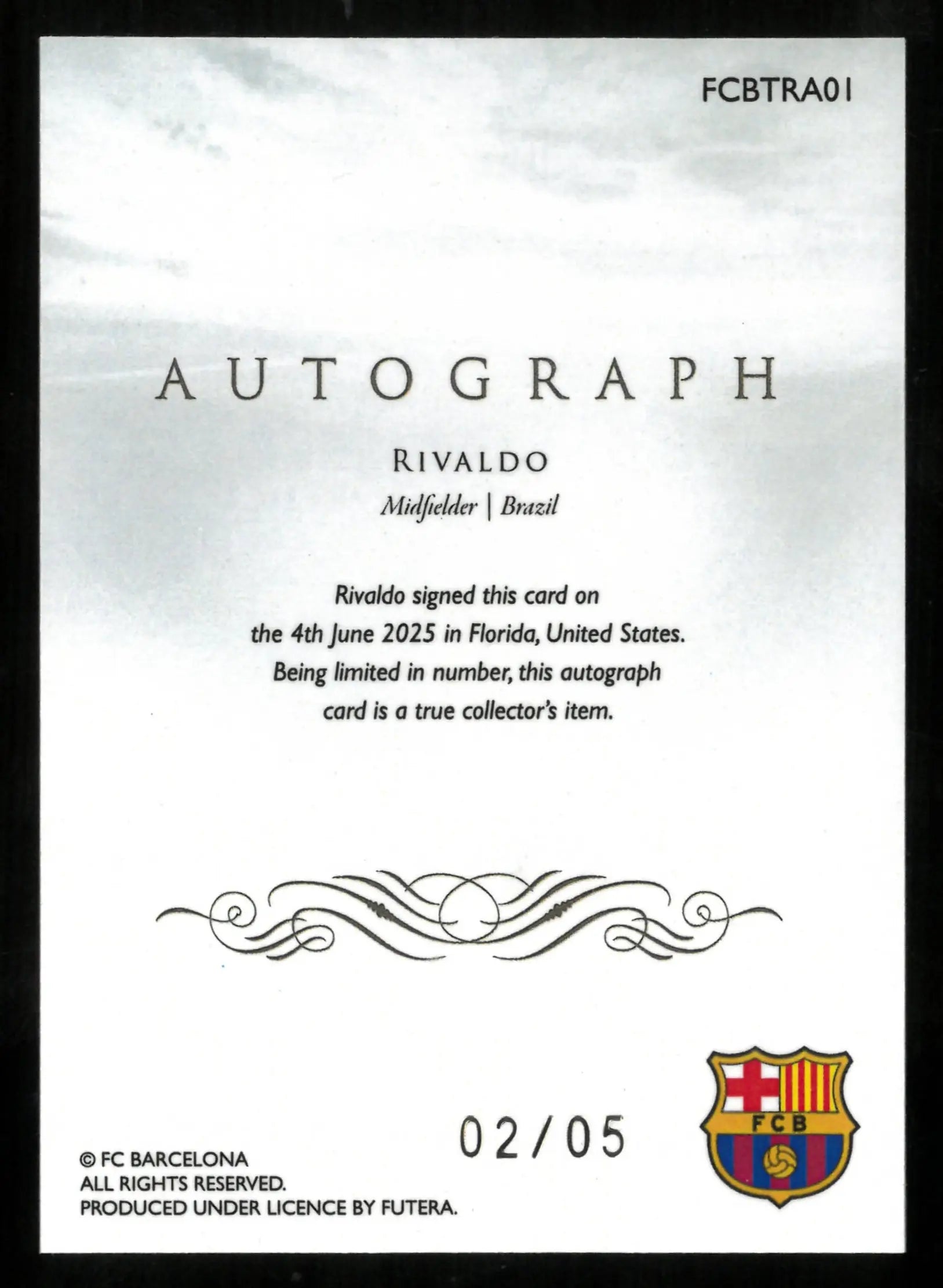 Rivaldo On Card Auto /5 Futera Barcelona FC Autograph 
