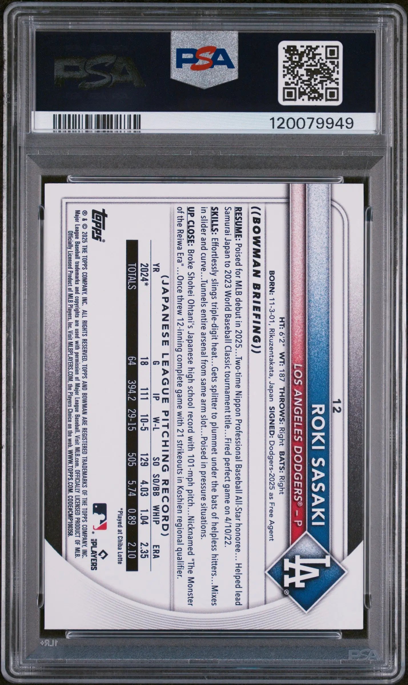 Roki Sasaki /99 Green Pattern PSA 10 RC Rookie 2025 Bowman Paper Dodgers JAPAN 