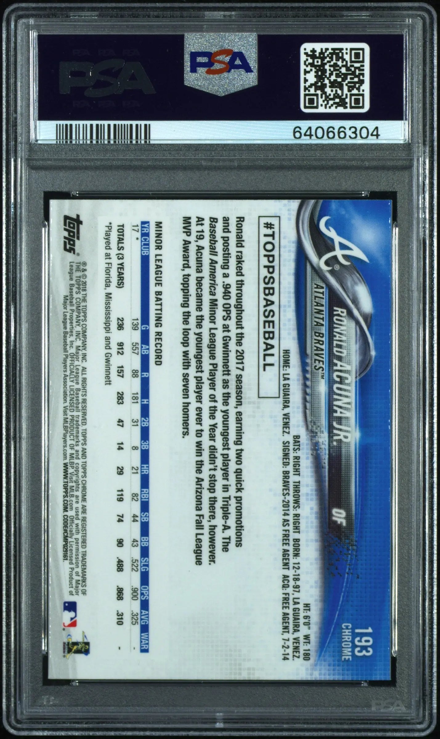 Ronald Acuna Jr 2018 Topps Chrome PSA 10 RC Rookie 
