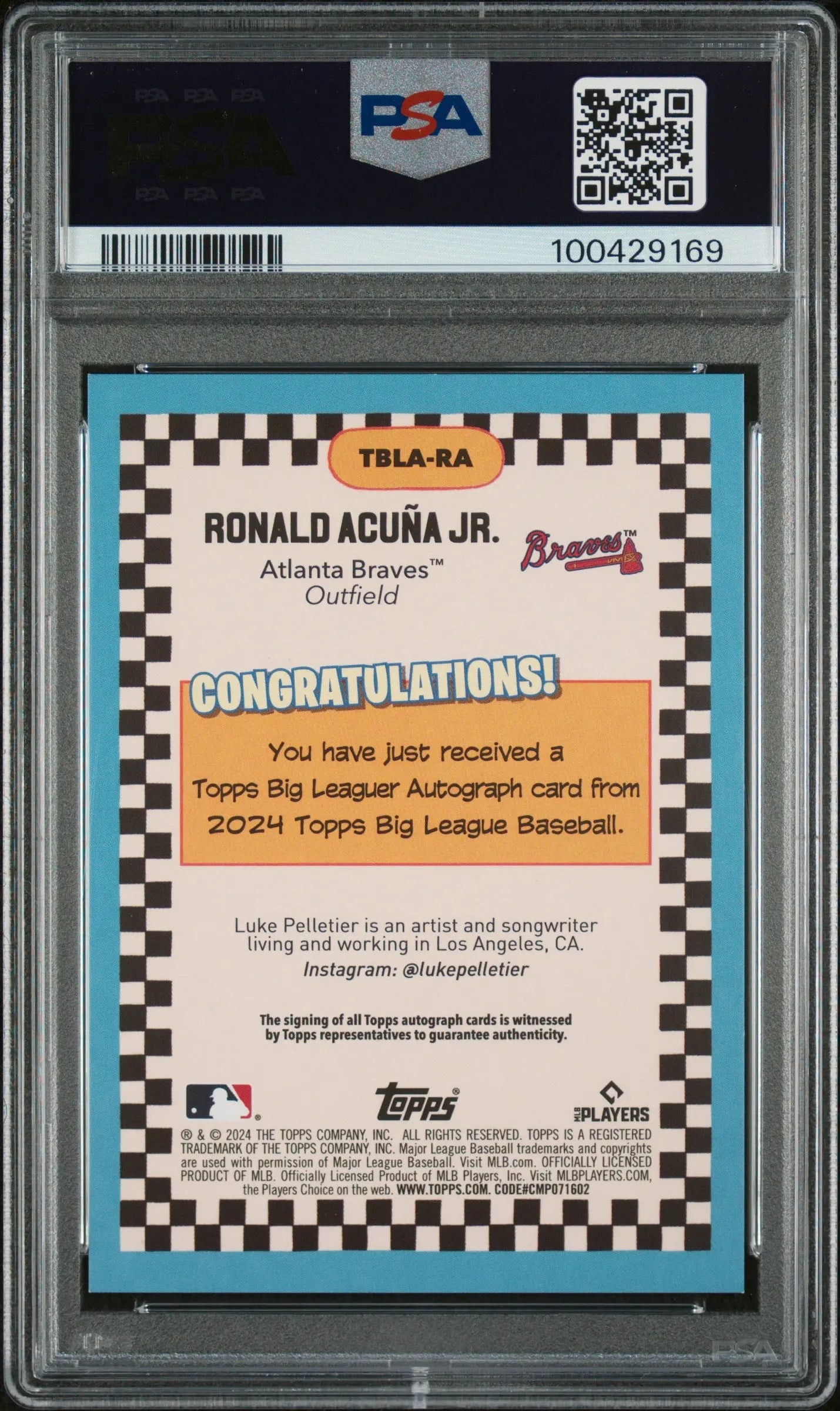 Ronald Acuna Jr. PSA 10 Auto /25 2024 Topps Big League Big Leaguer Autograph 