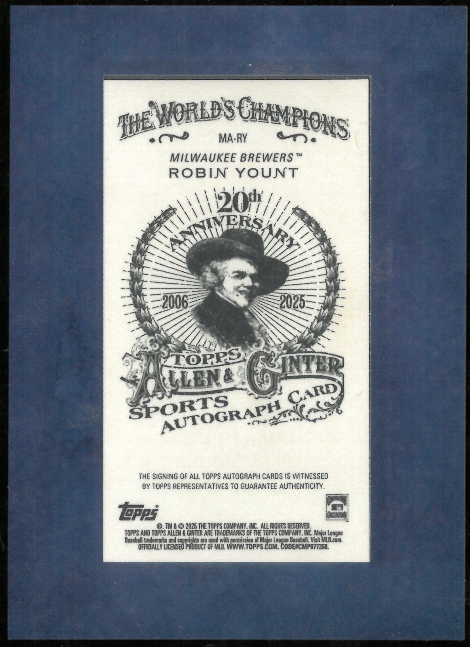 2025 Topps Allen & Ginter Baseball Blue Mini Auto Robin Yount /99