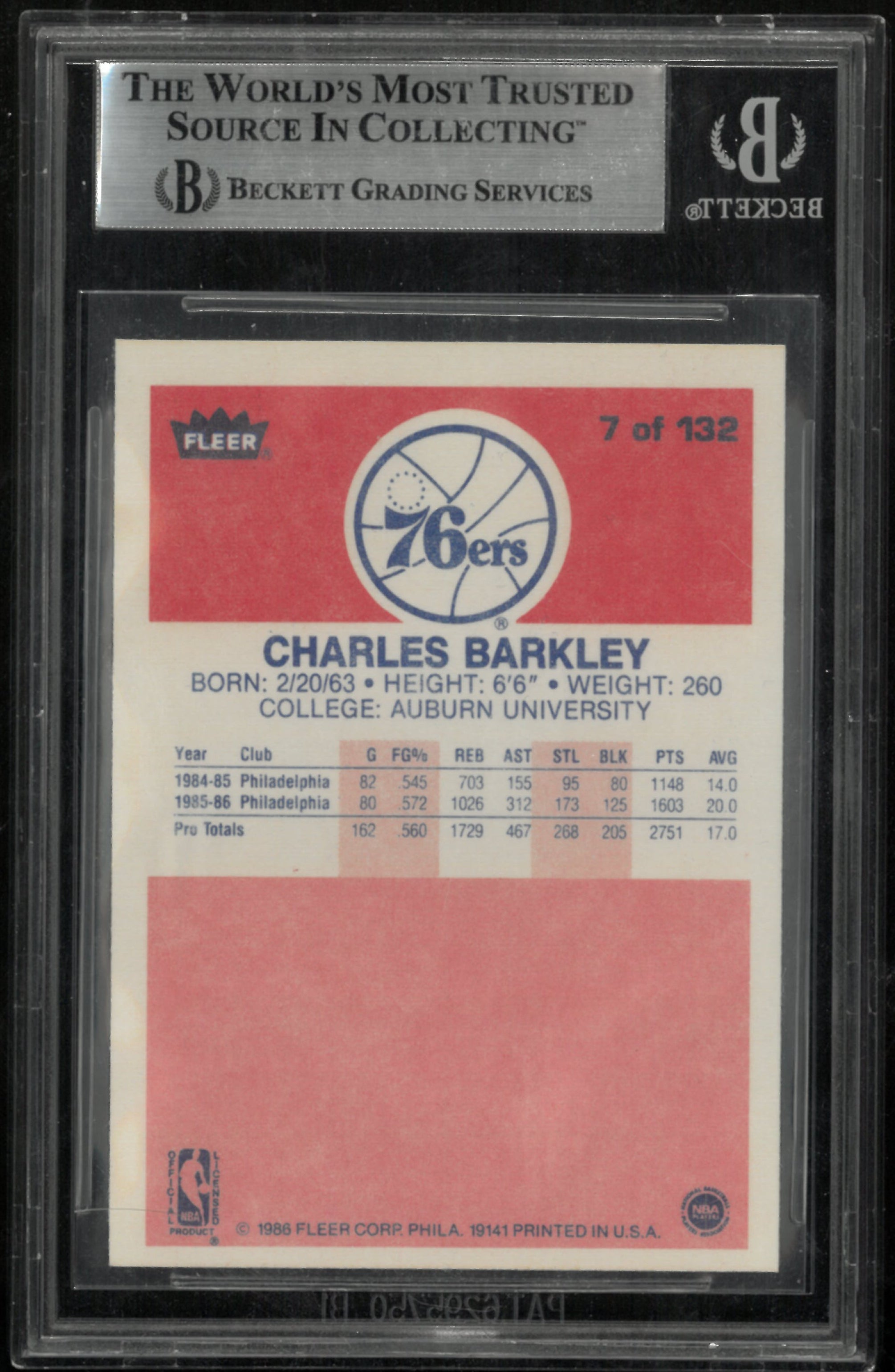 1986 Fleer Basketball Charles Barkley RC Rookie BGS 8.5 #7