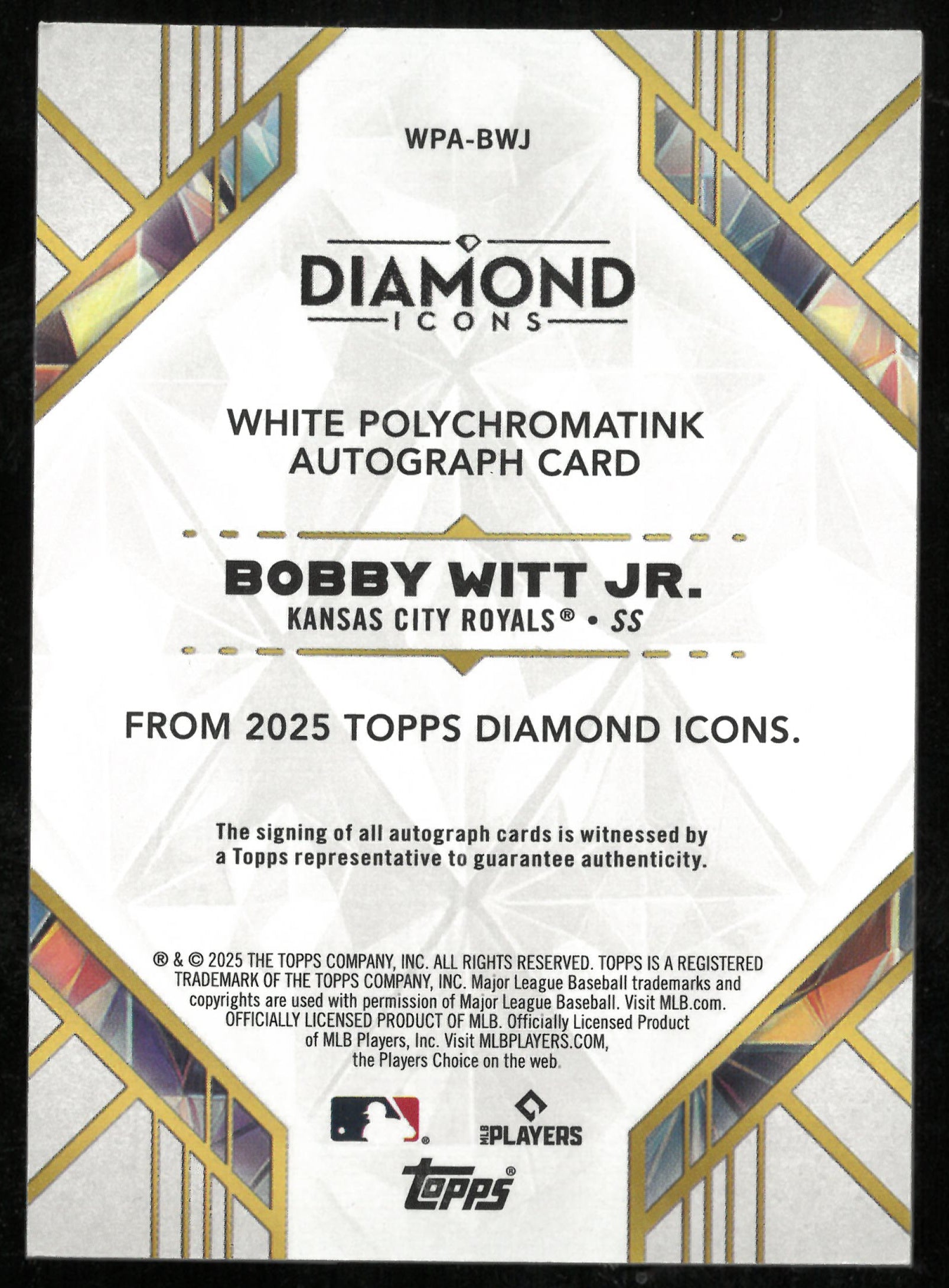 2025 Topps Diamond Icons White Polychromatink Purple Ink Auto Bobby Witt JR /15