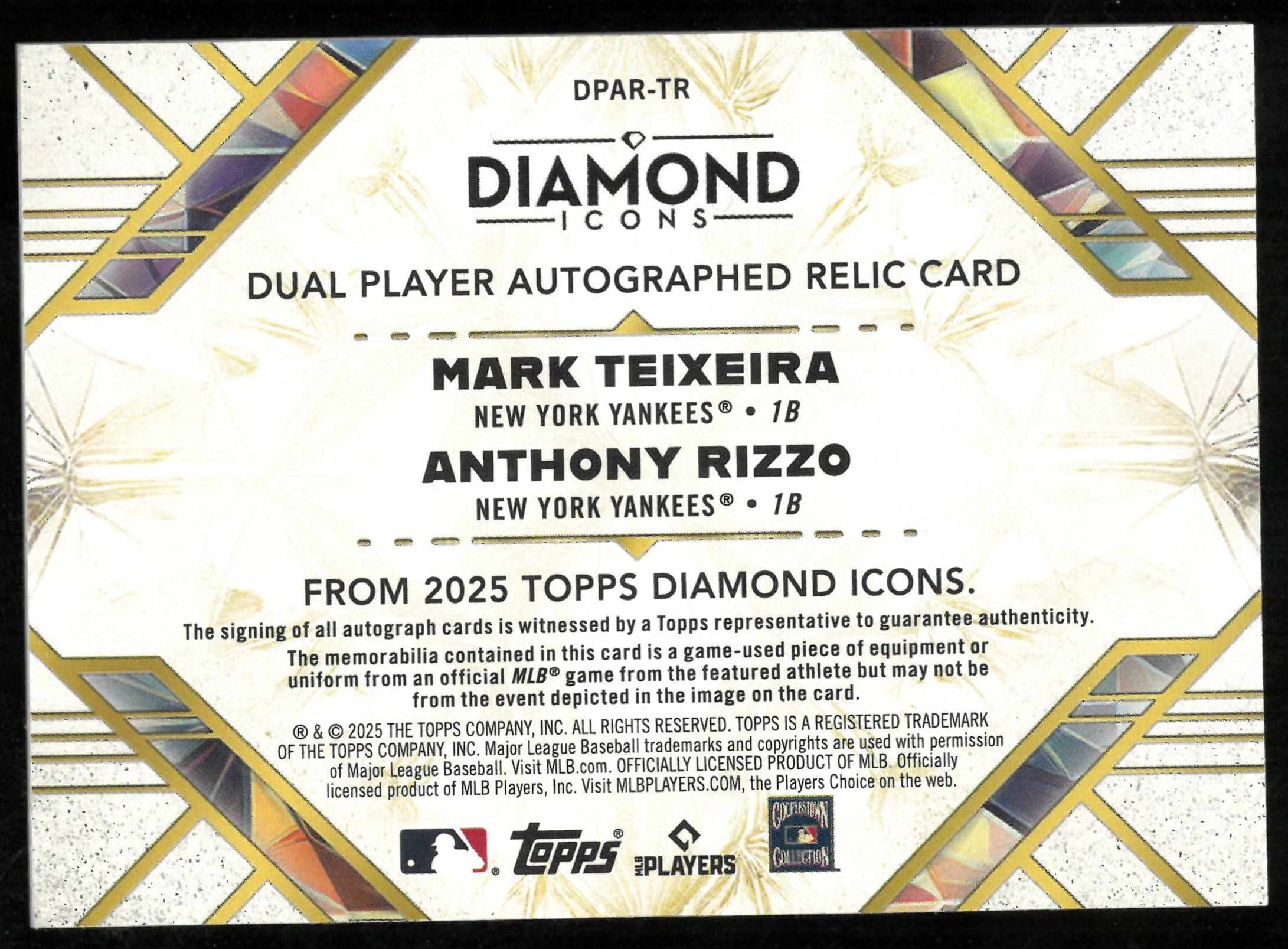 2025 Topps Diamond Icons Dual Player Auto Patch Teixeira Rizzo /25