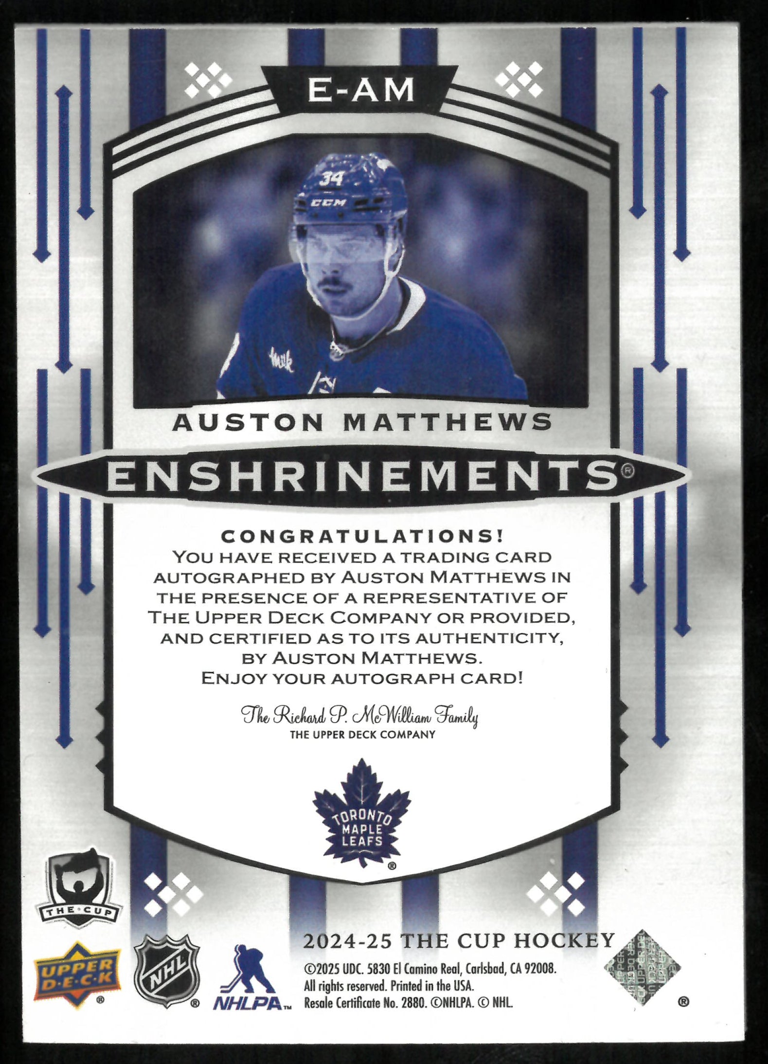 2024-25 UD The Cup Enshrinements Auto Auston Matthews /25