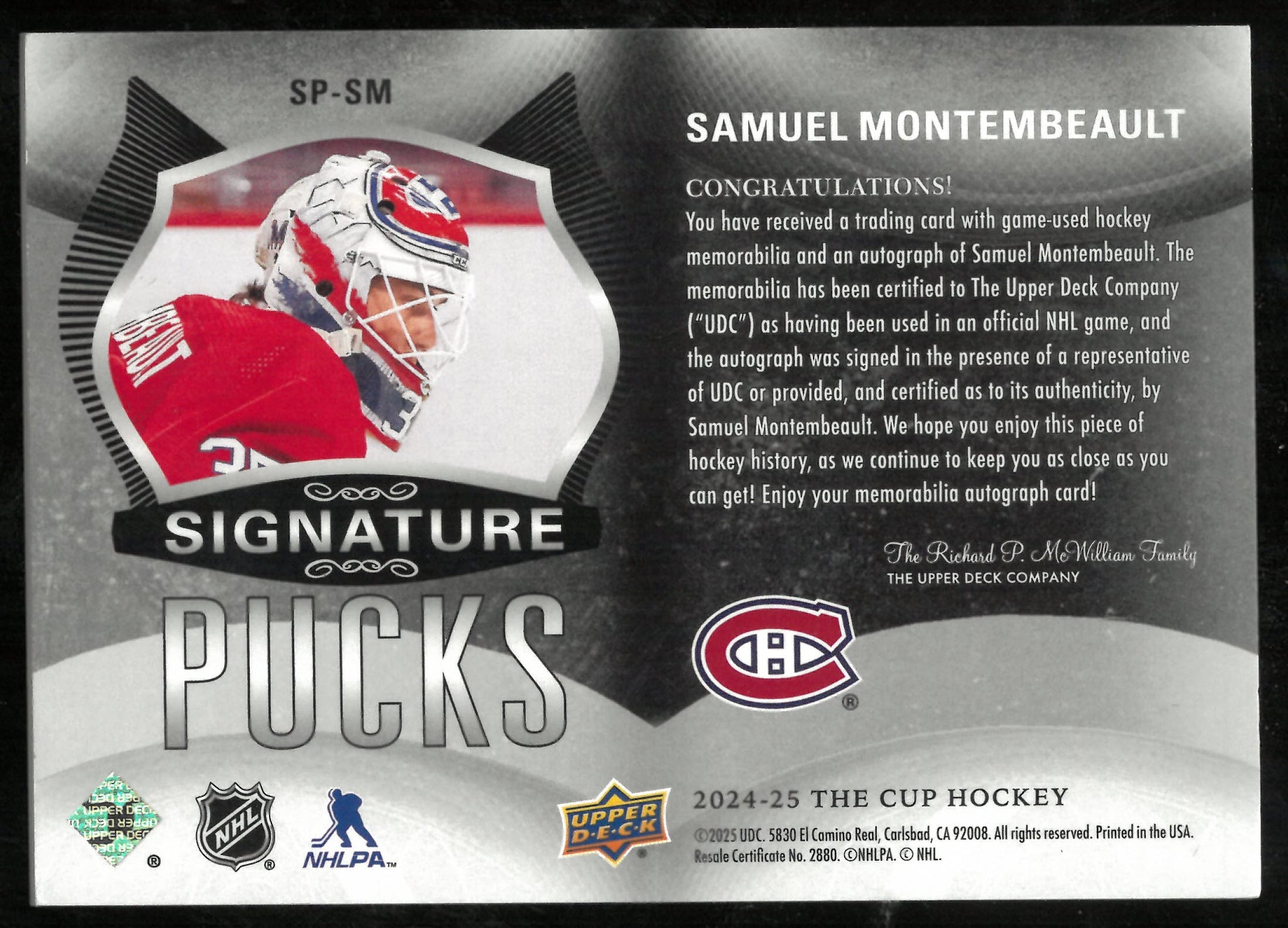 2024-25 UD The Cup Signature Pucks Auto Samuel Montembeault /25