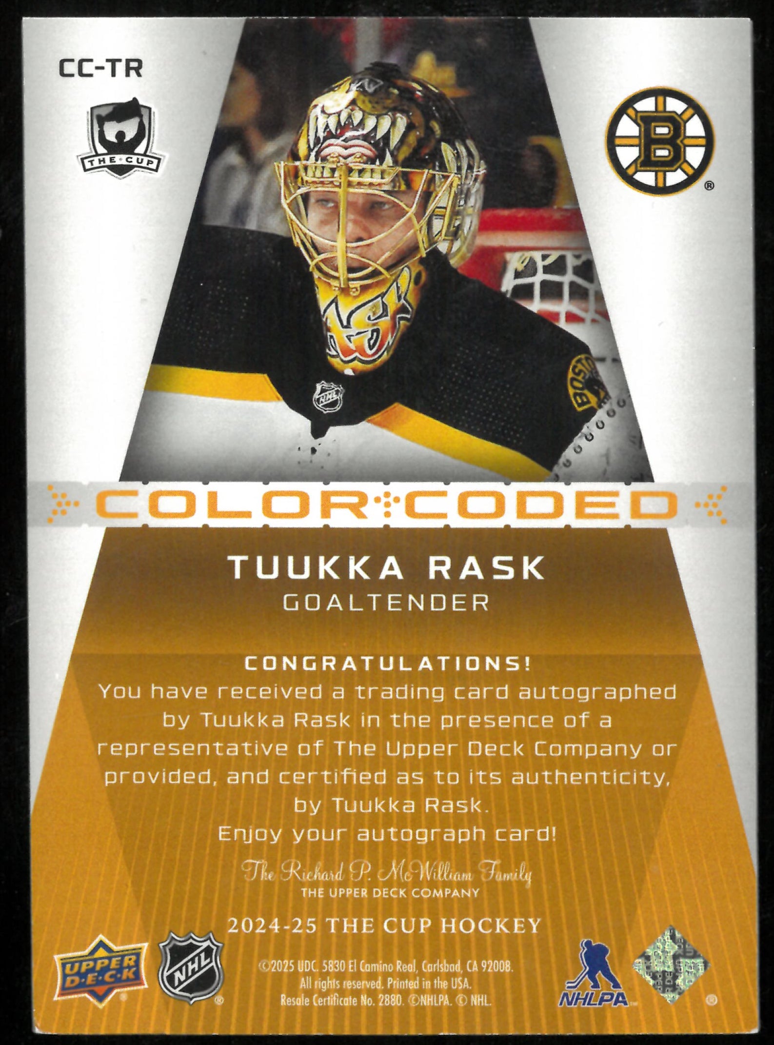 2024-25 UD The Cup Color Coded Auto Tuukka Rask /35