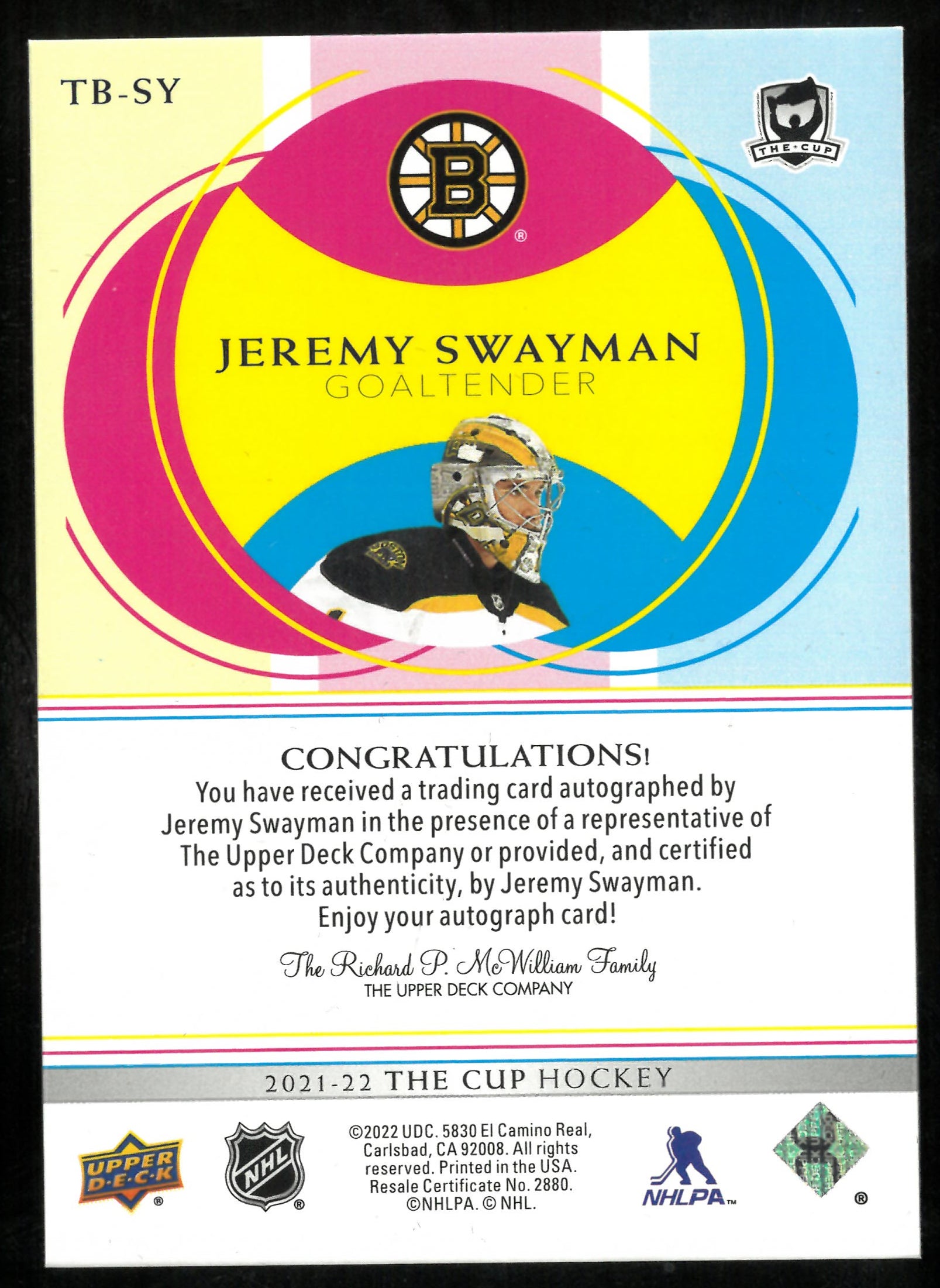 2021-22 UD The Cup The Basics Rookies Auto Jeremy Swayman