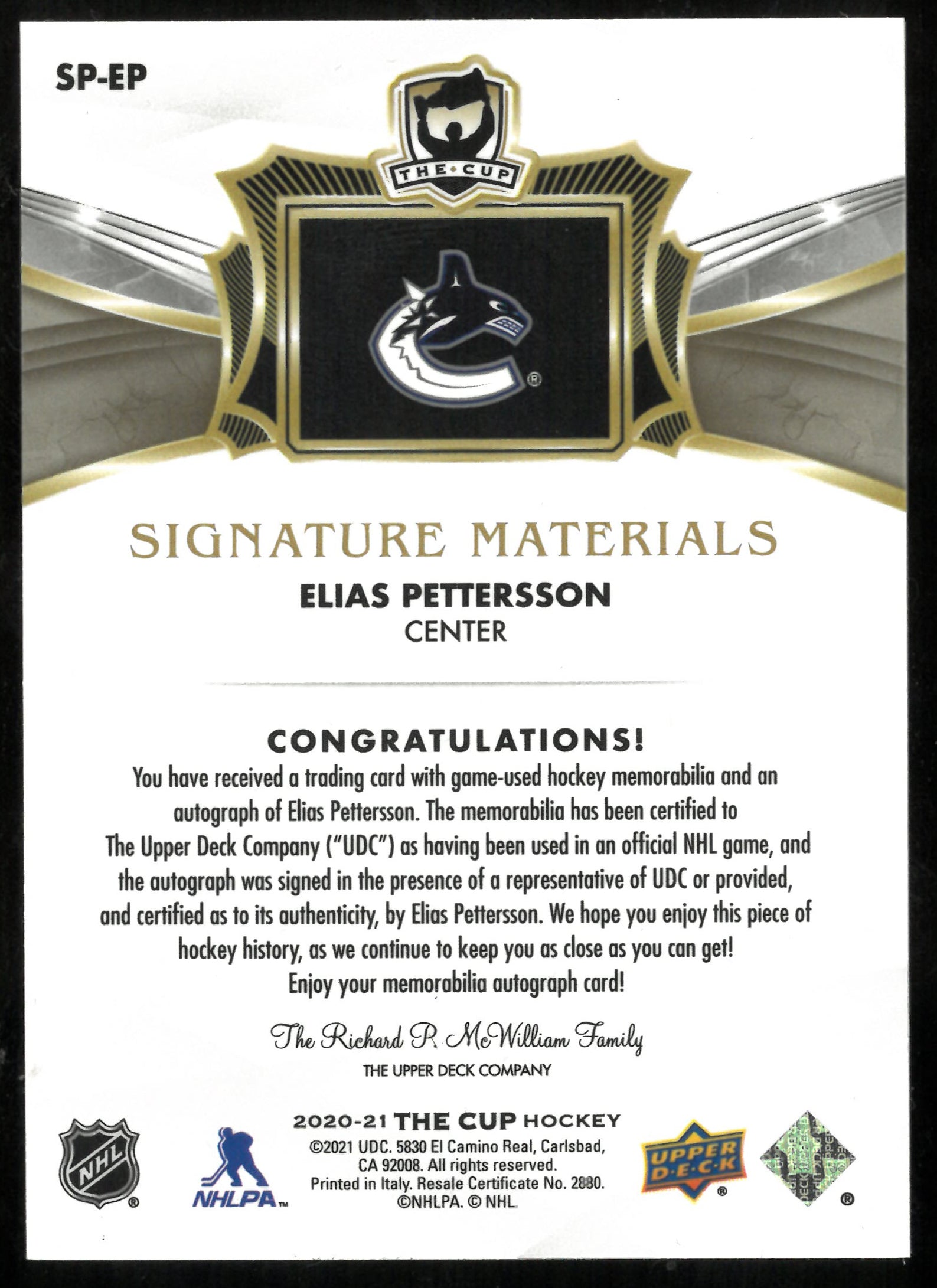 2020-21 UD The Cup Signature Materials Patch Auto Elias Pettersson /25