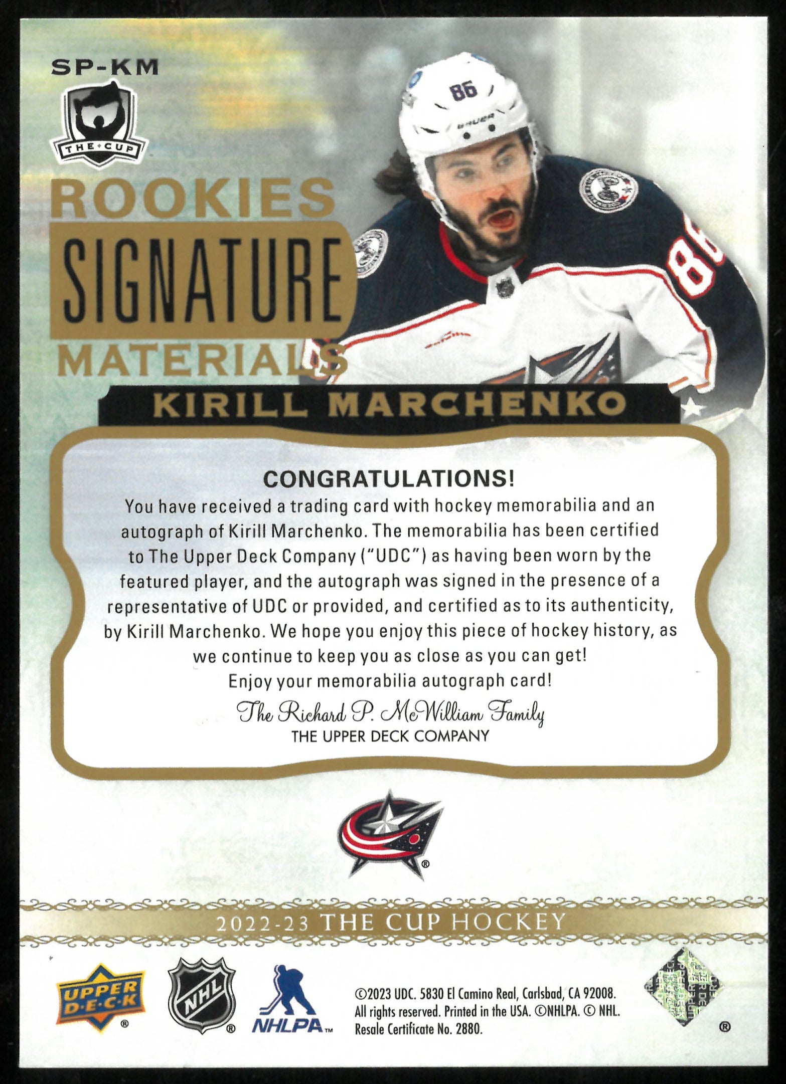 2022-23 UD The Cup Rookie Signature Materials Patch Auto Kirill Marchenko /99