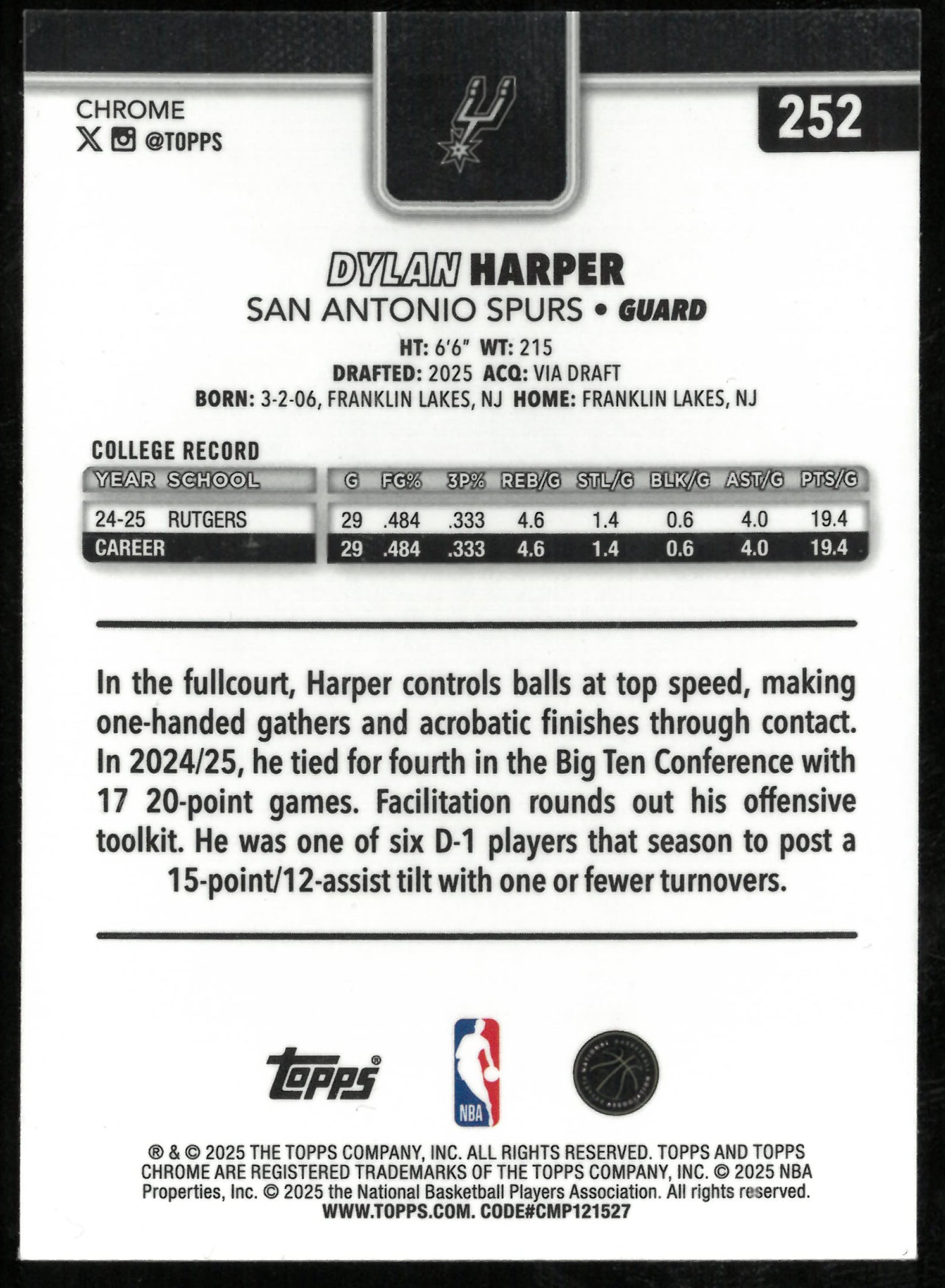 2025 Topps Chrome Basketball Green Refractor Rookie Dylan Harper /99