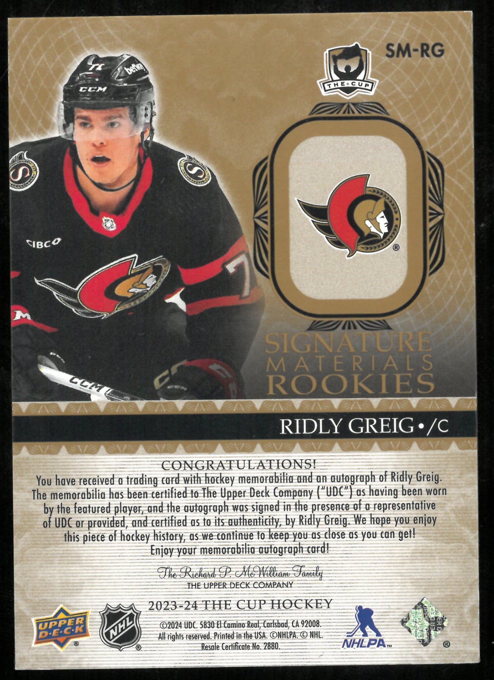 2023-24 UD The Cup Signature Materials Rookie Patch Auto Ridly Greig /99