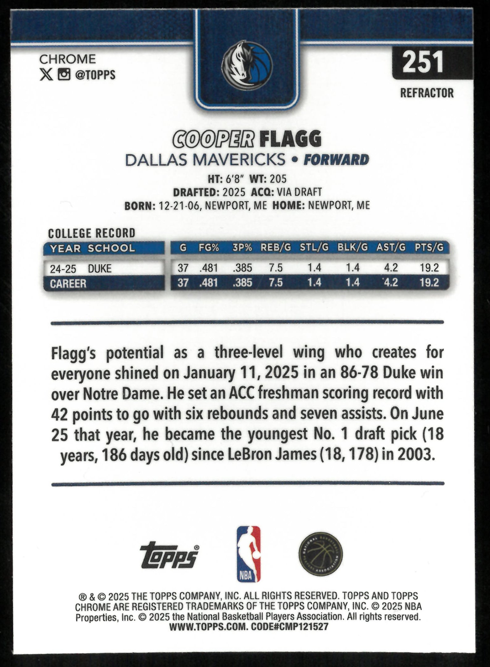 2025 Topps Chrome Basketball Refractor Rookie Cooper Flagg