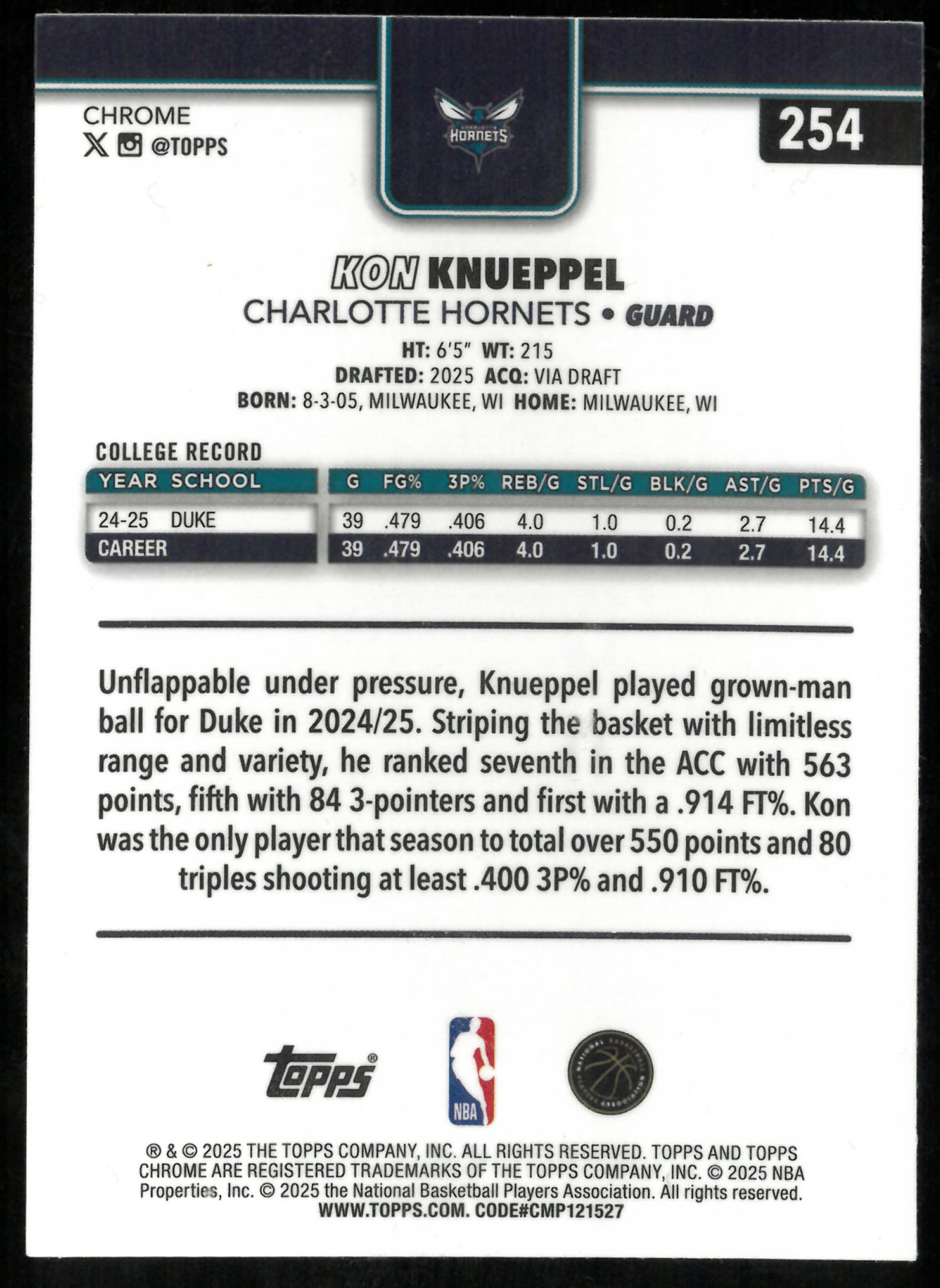 2025 Topps Chrome Basketball Aqua Refractor Rookie Kon Knueppel /299
