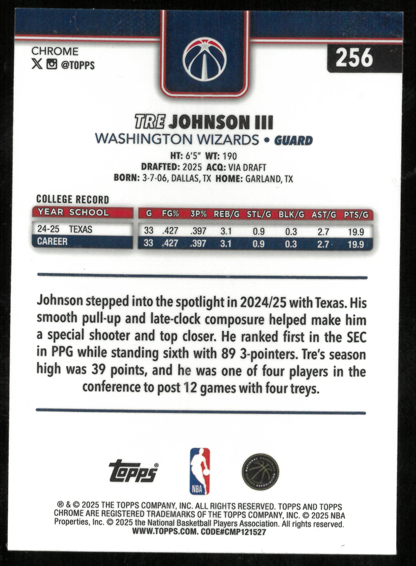 2025 Topps Chrome Basketball Purple Refractor Rookie Tre Johnson III /75