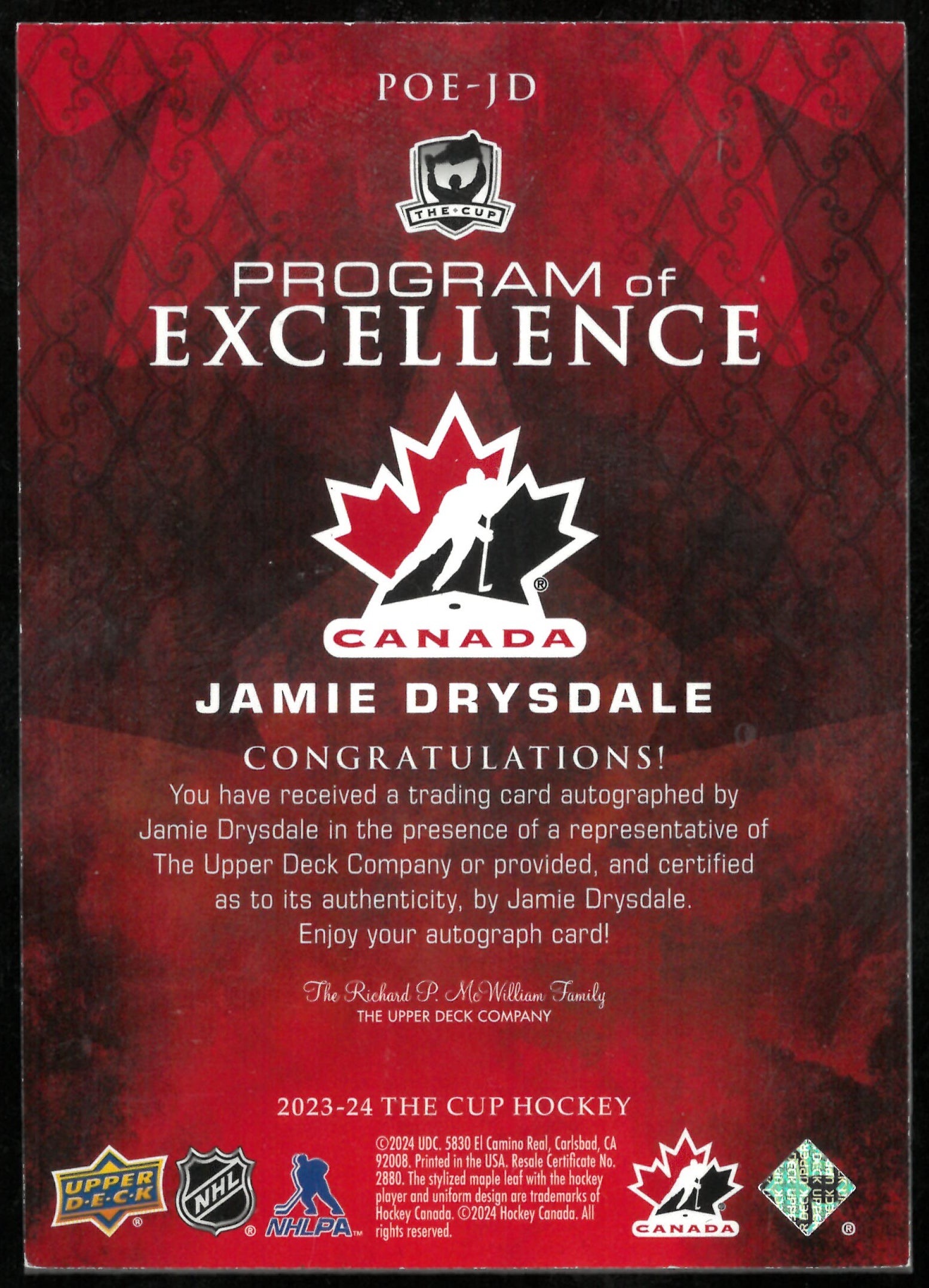 2023-24 UD The Cup Program Of Excellence Auto Jamie Drysdale /10
