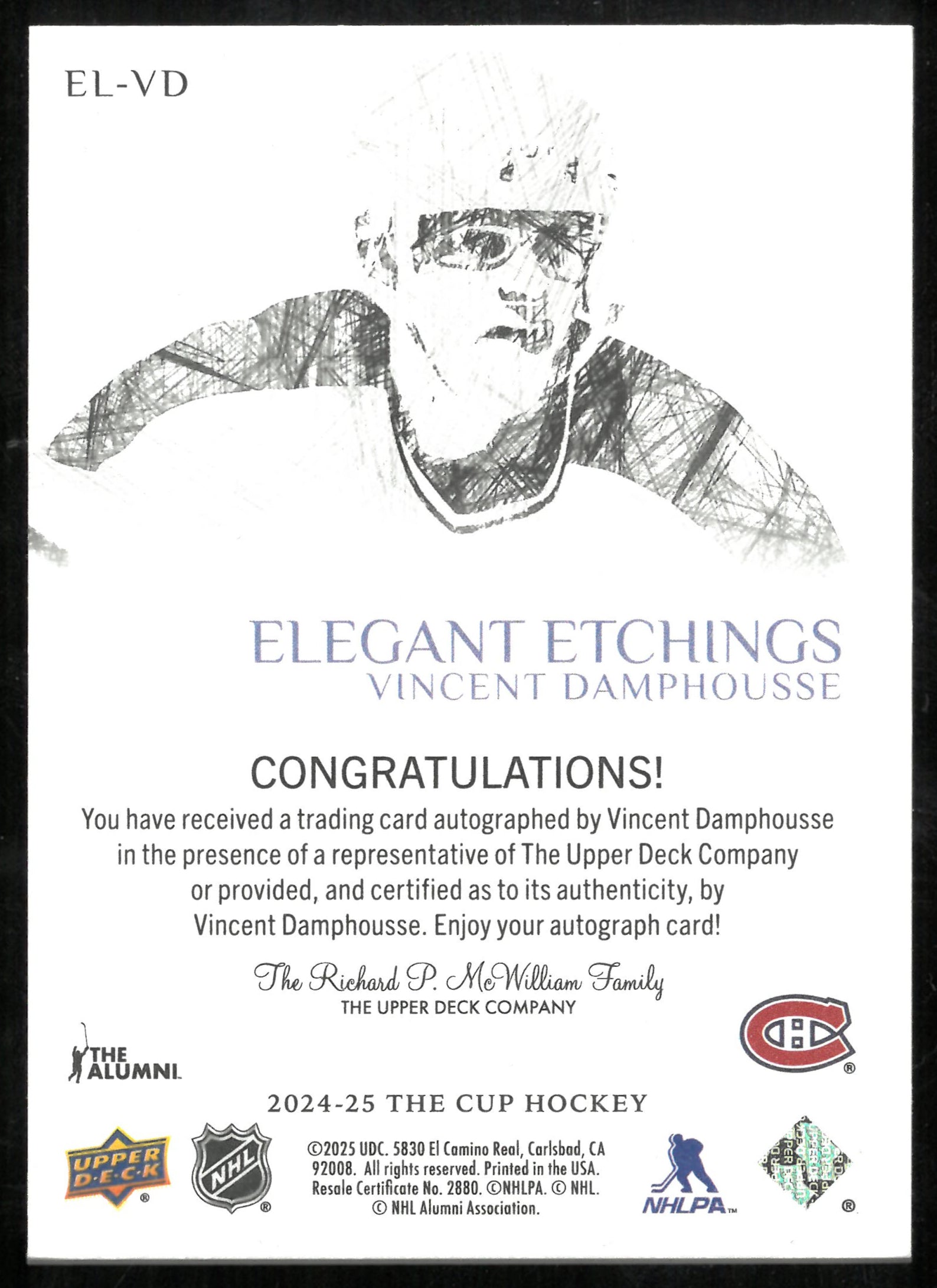 2024-25 UD The Cup Elegant Etchings Auto Vincent Damphousse