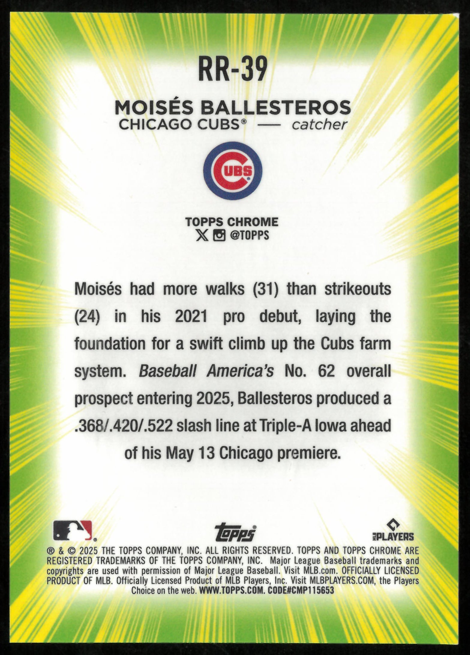2025 Topps Chrome Update Baseball Radiating Rookie Moises Ballesteros