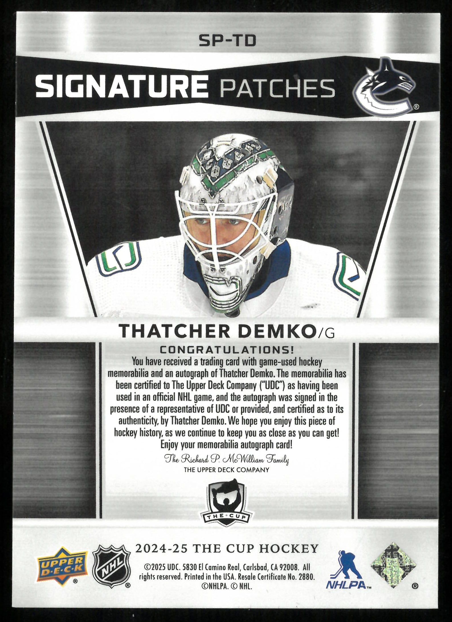 2024-25 UD The Cup Signature Patches Auto Thatcher Demko /99