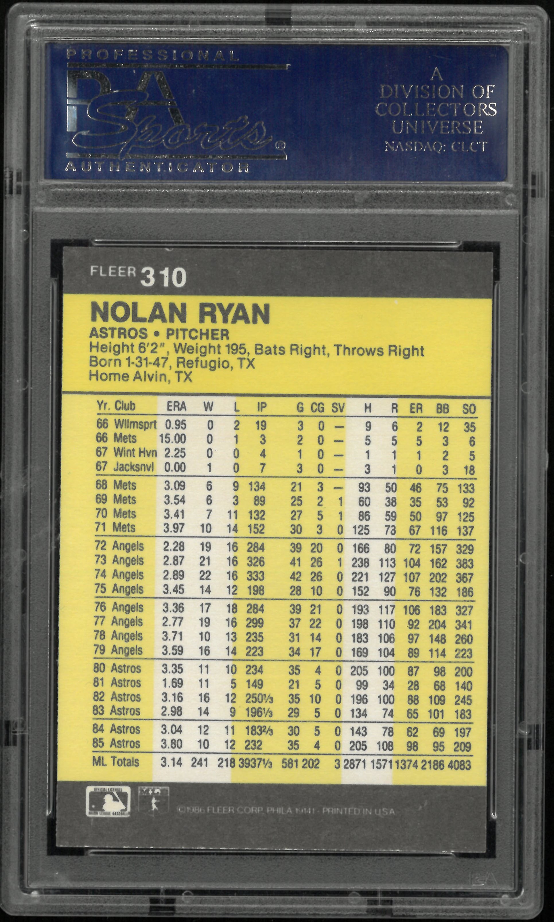 1986 Fleer Nolan Ryan PSA 9